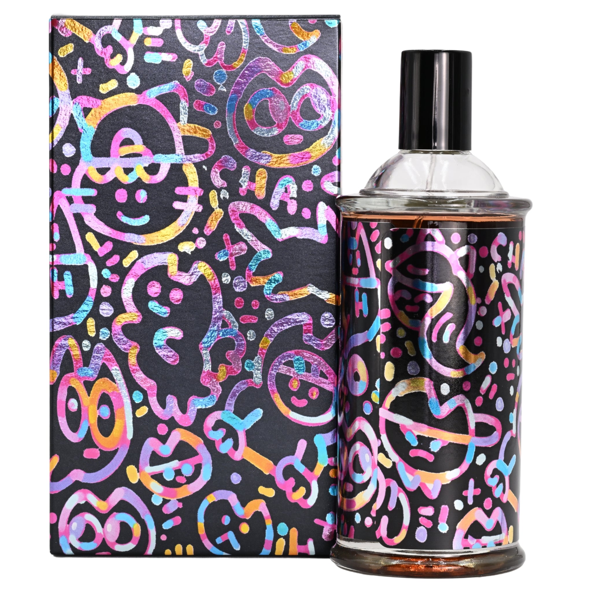 Perfume bottle and packaging with colorful abstract design on a white background