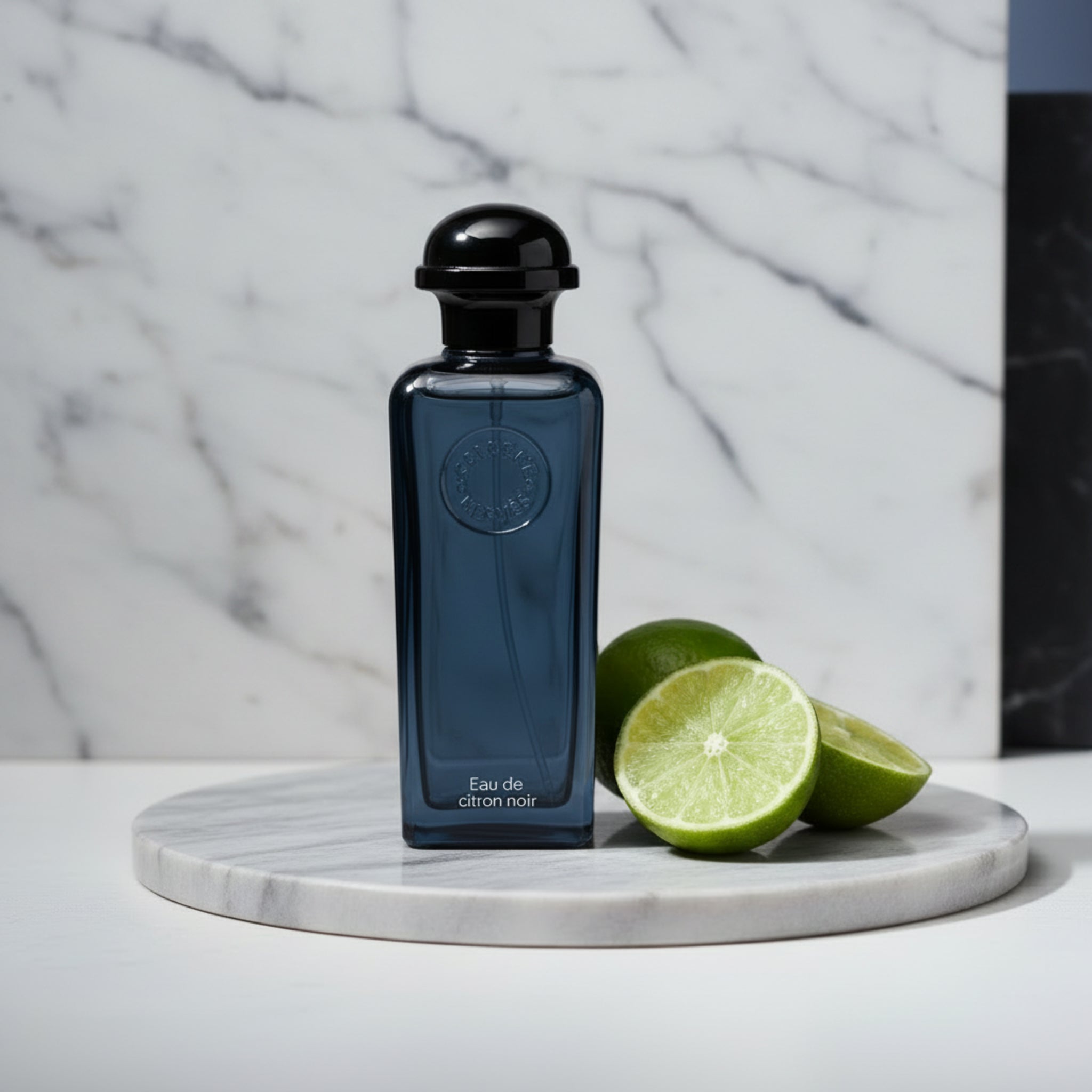 Blue perfume bottle with black cap on a white background