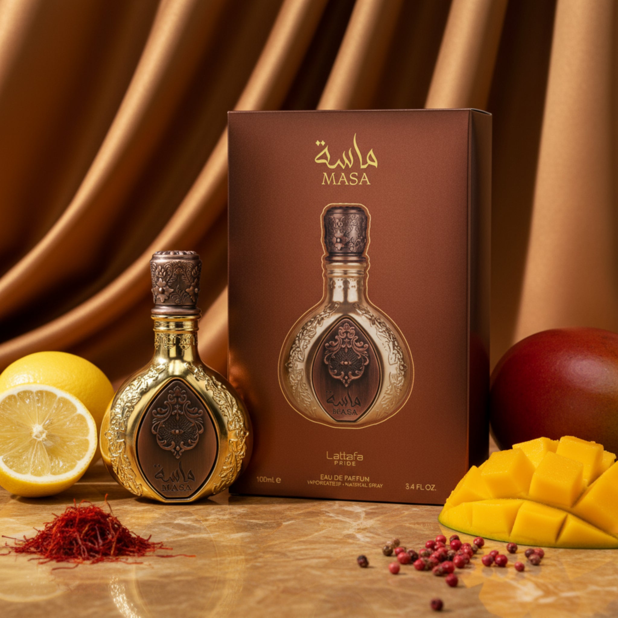 Masa perfume bottle and packaging on a white background