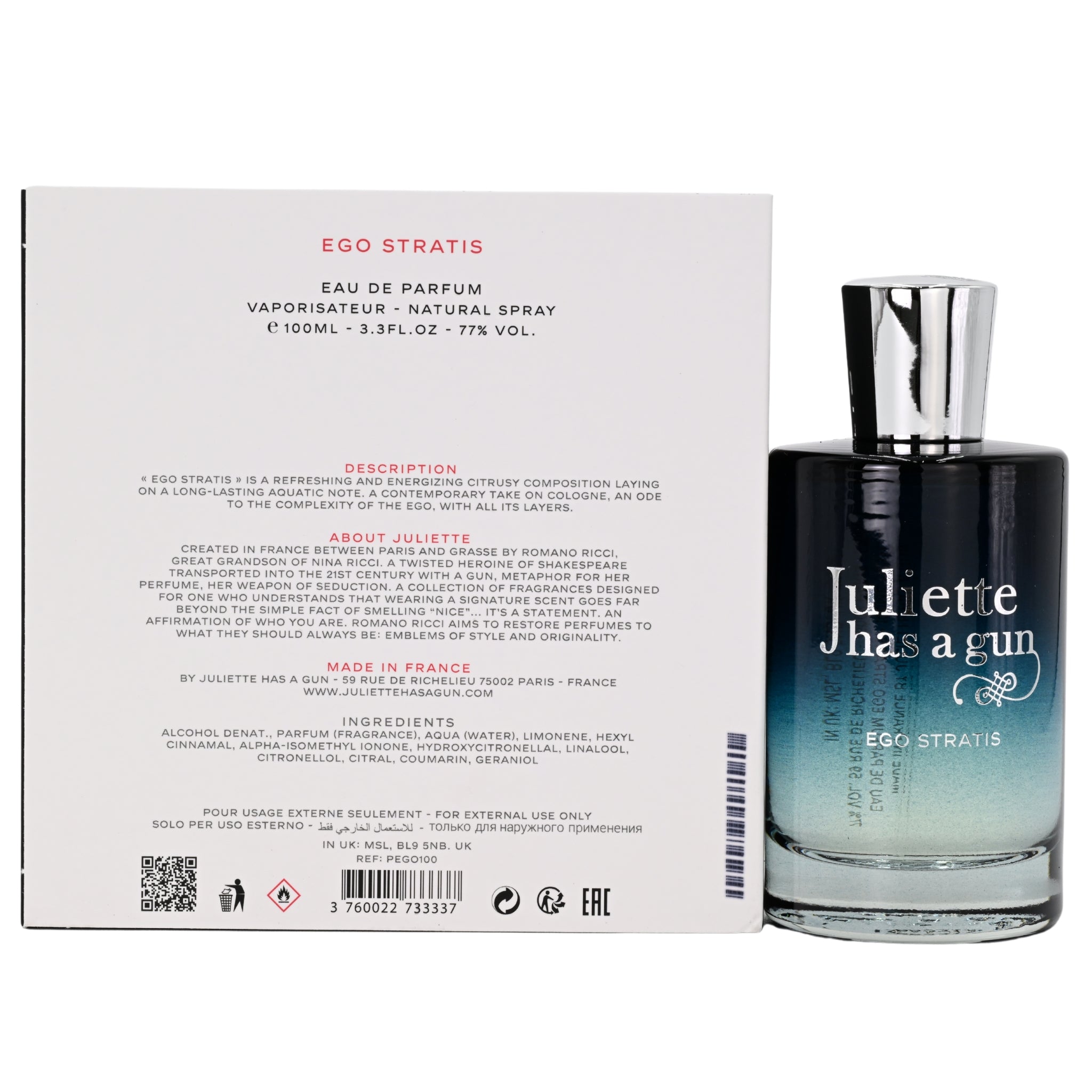 Juliette has a gun Ego Stratis perfume bottle with packaging on a white background