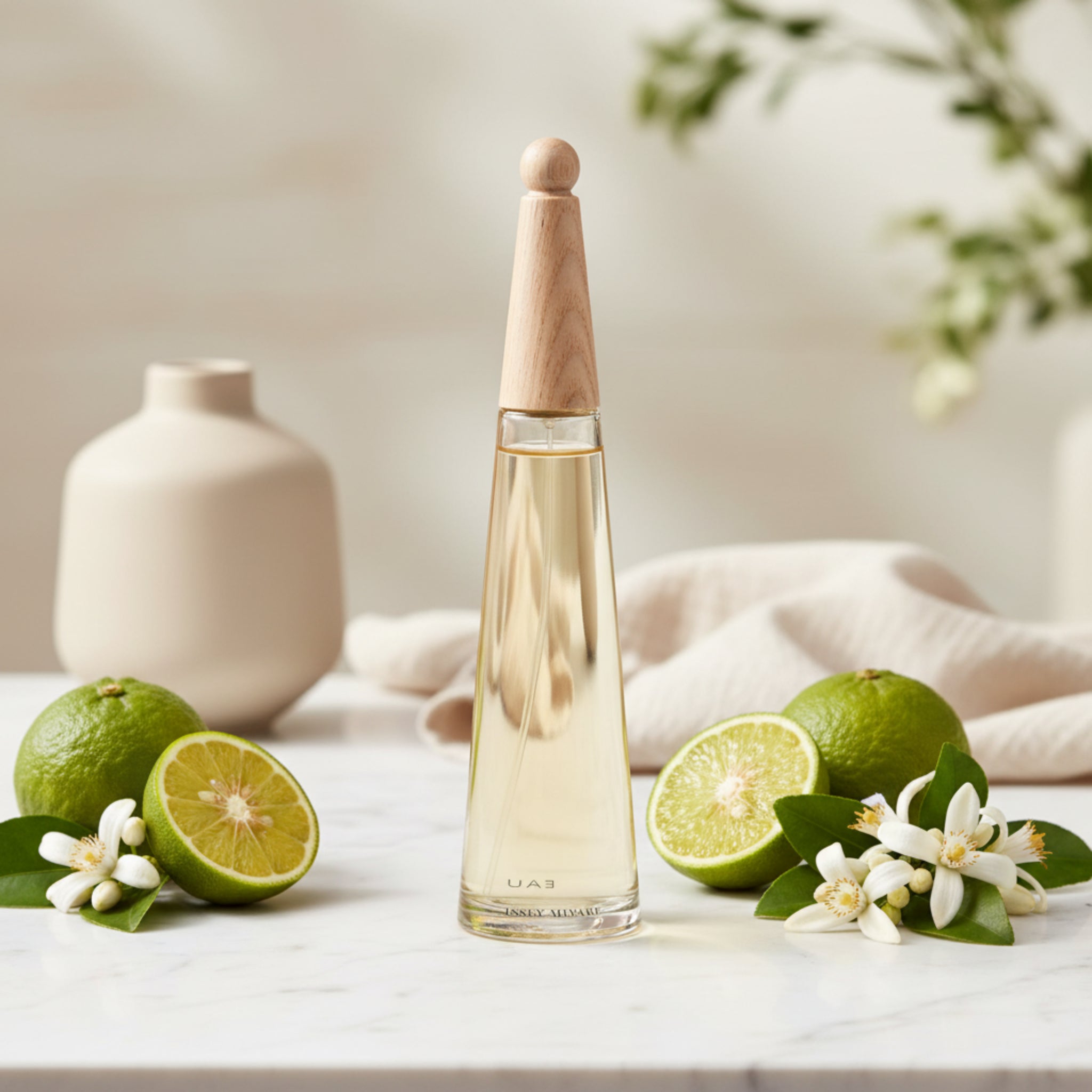 Perfume bottle with wooden cap on a white background