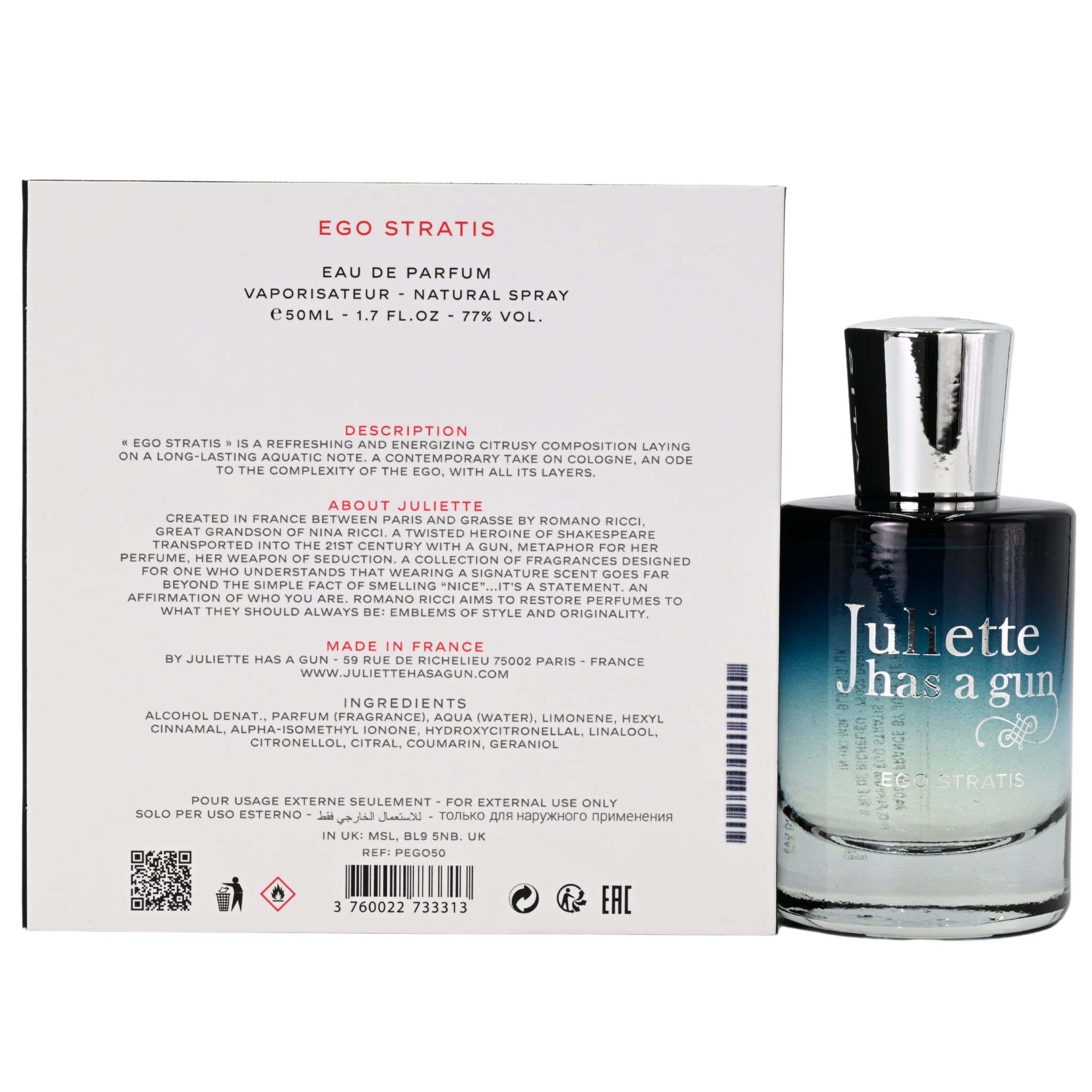 Perfume bottle with packaging displaying product details on a white background