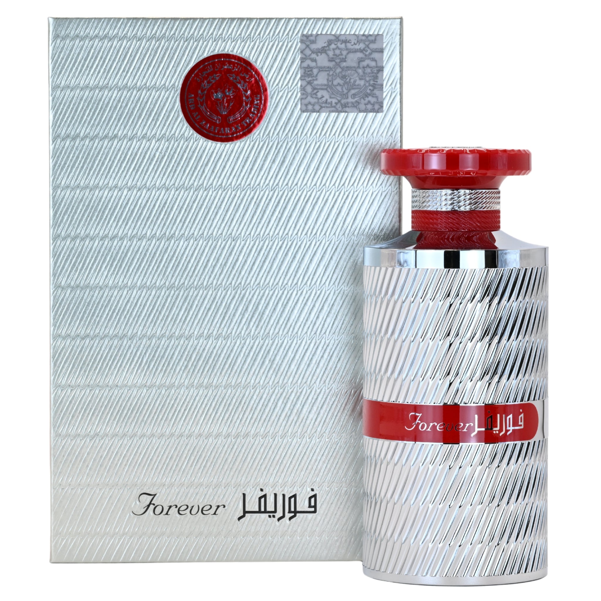 Perfume bottle with red cap and 'Forever' label next to a matching box on a white background