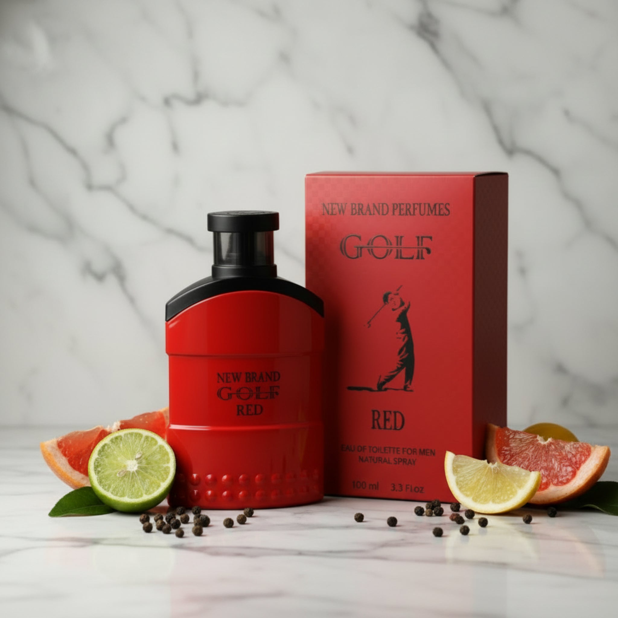 Red perfume bottle and packaging with 'Golf' branding on a white background