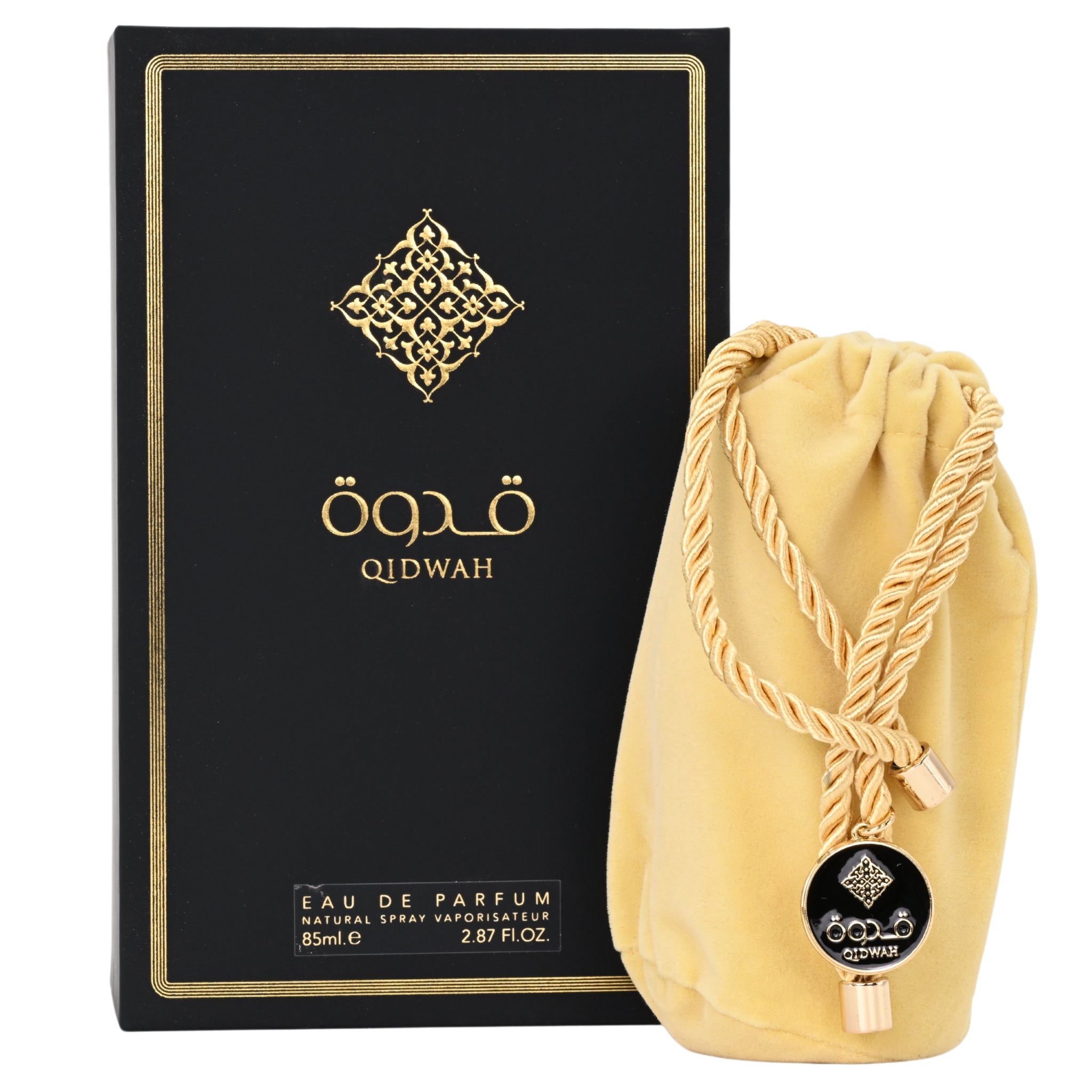 Qidwah eau de parfum packaging with black box and gold accents, featuring a yellow drawstring bag.
