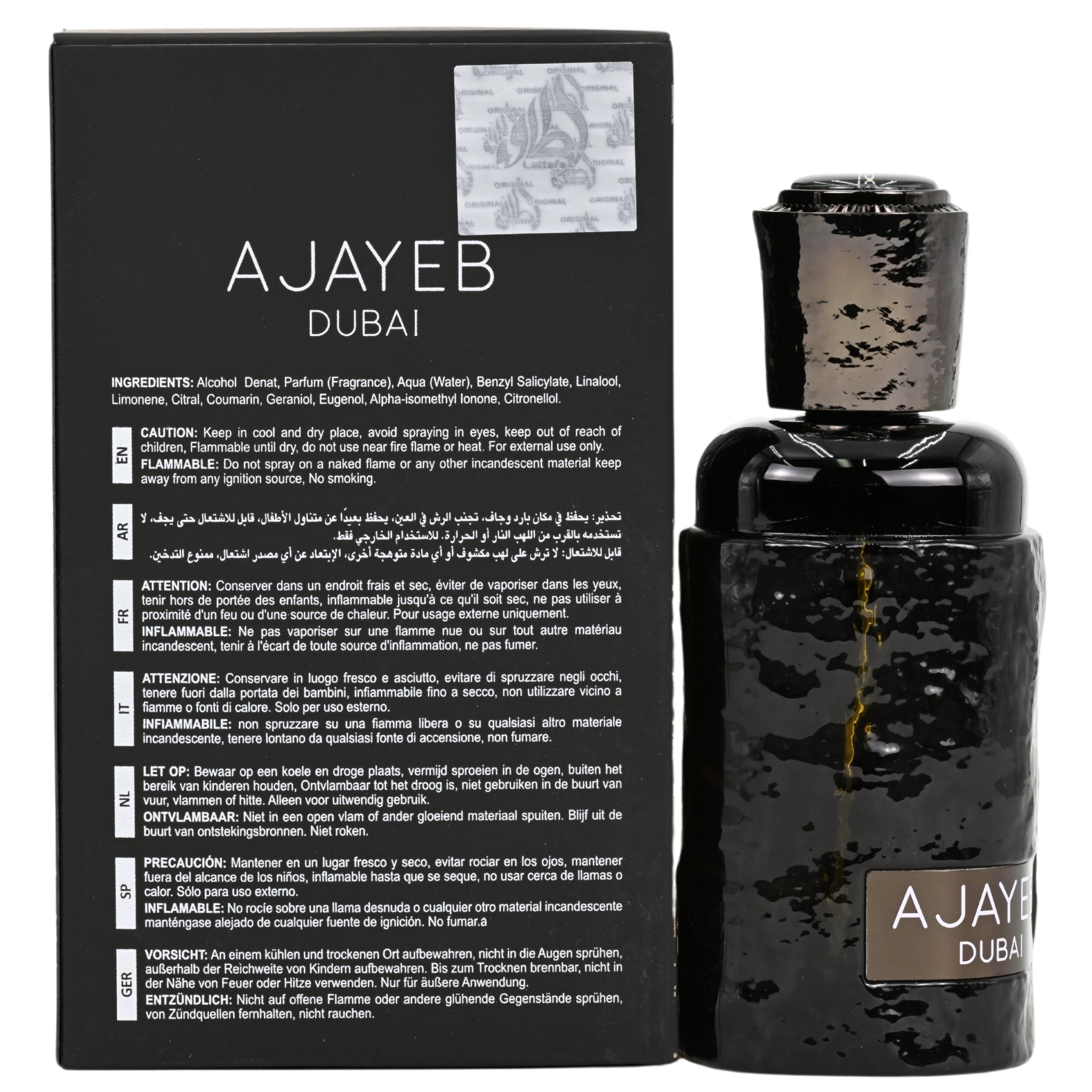Black Ajayeb Dubai perfume bottle with packaging displaying text.