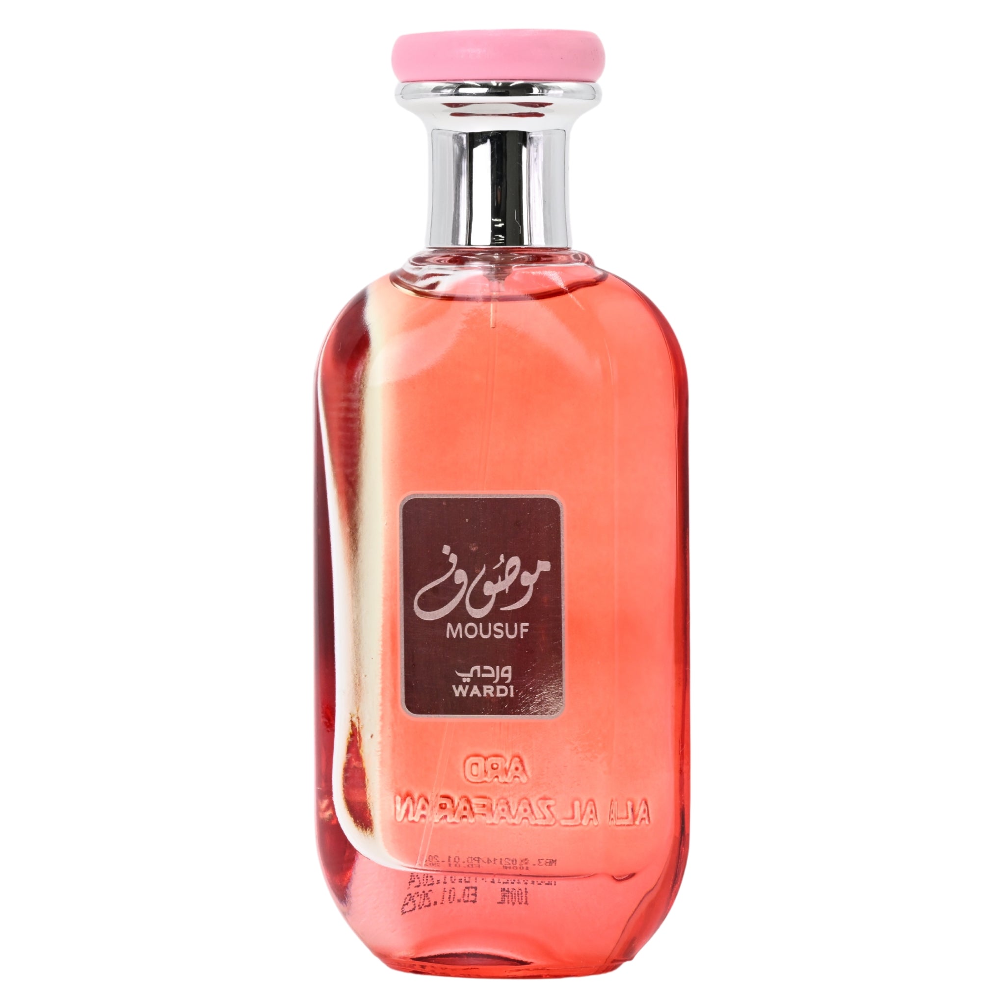 Perfume bottle with pink cap and visible branding on a white background