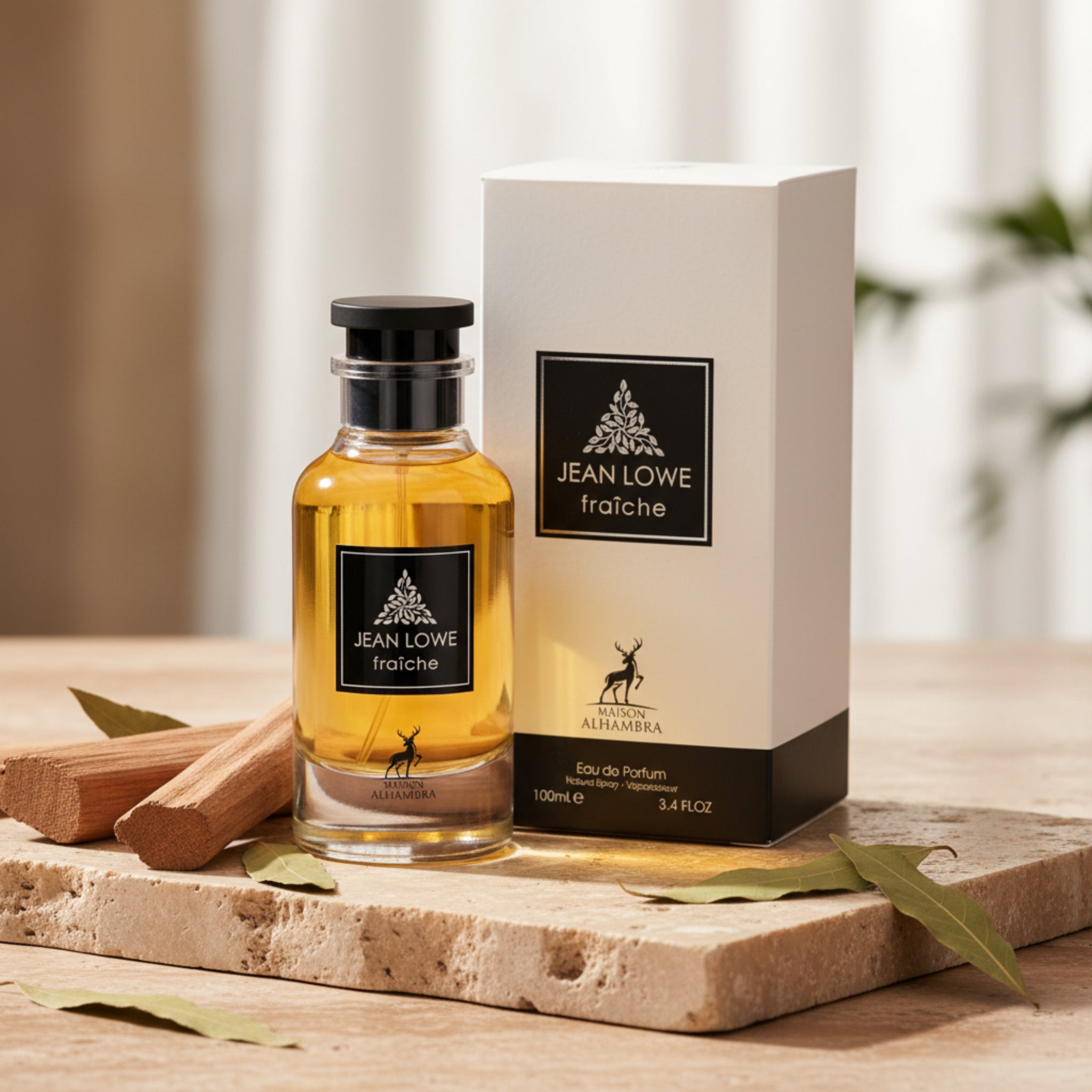 Perfume bottle and packaging of Jean Lowe fraçèe on a white background