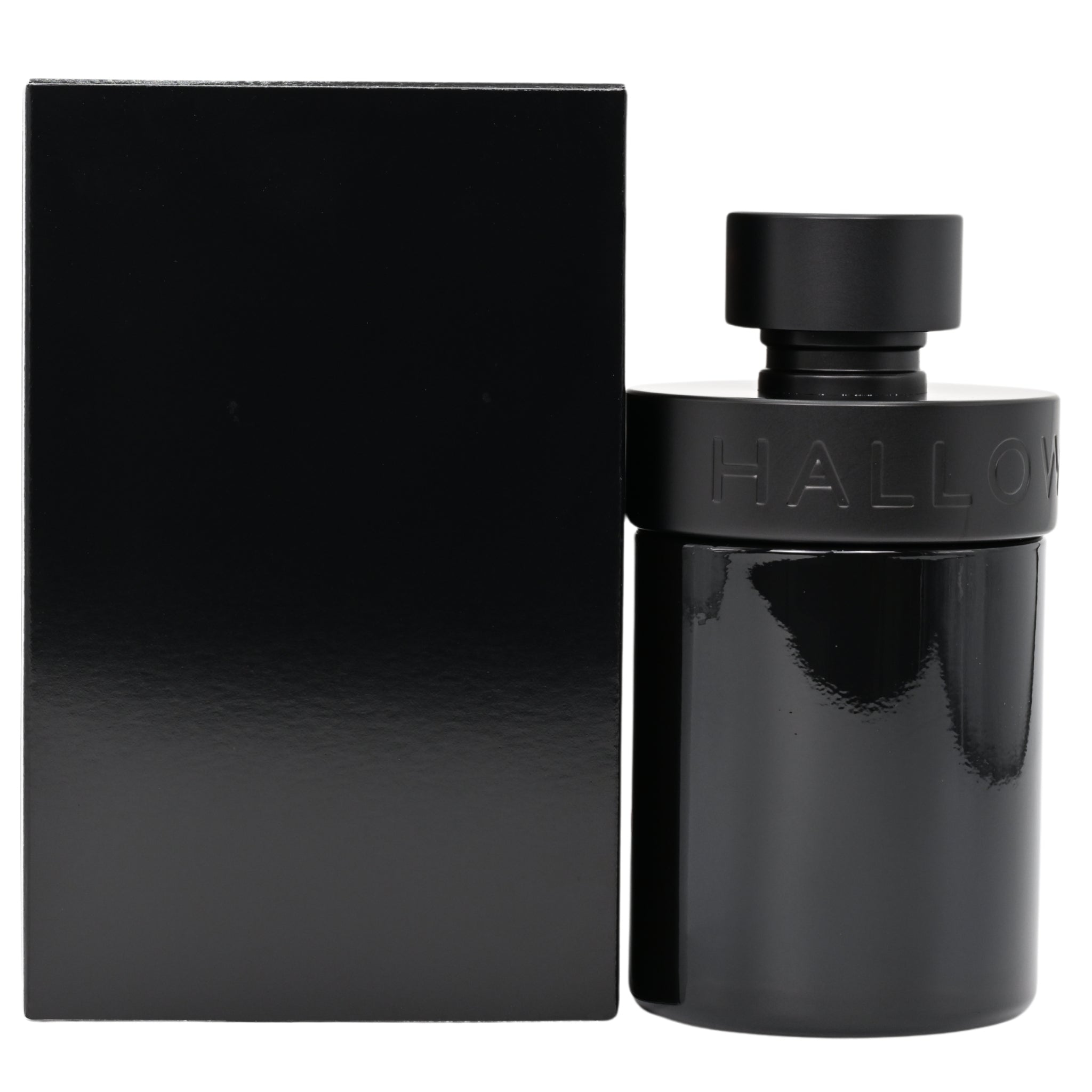 Black perfume bottle and packaging on a white background
