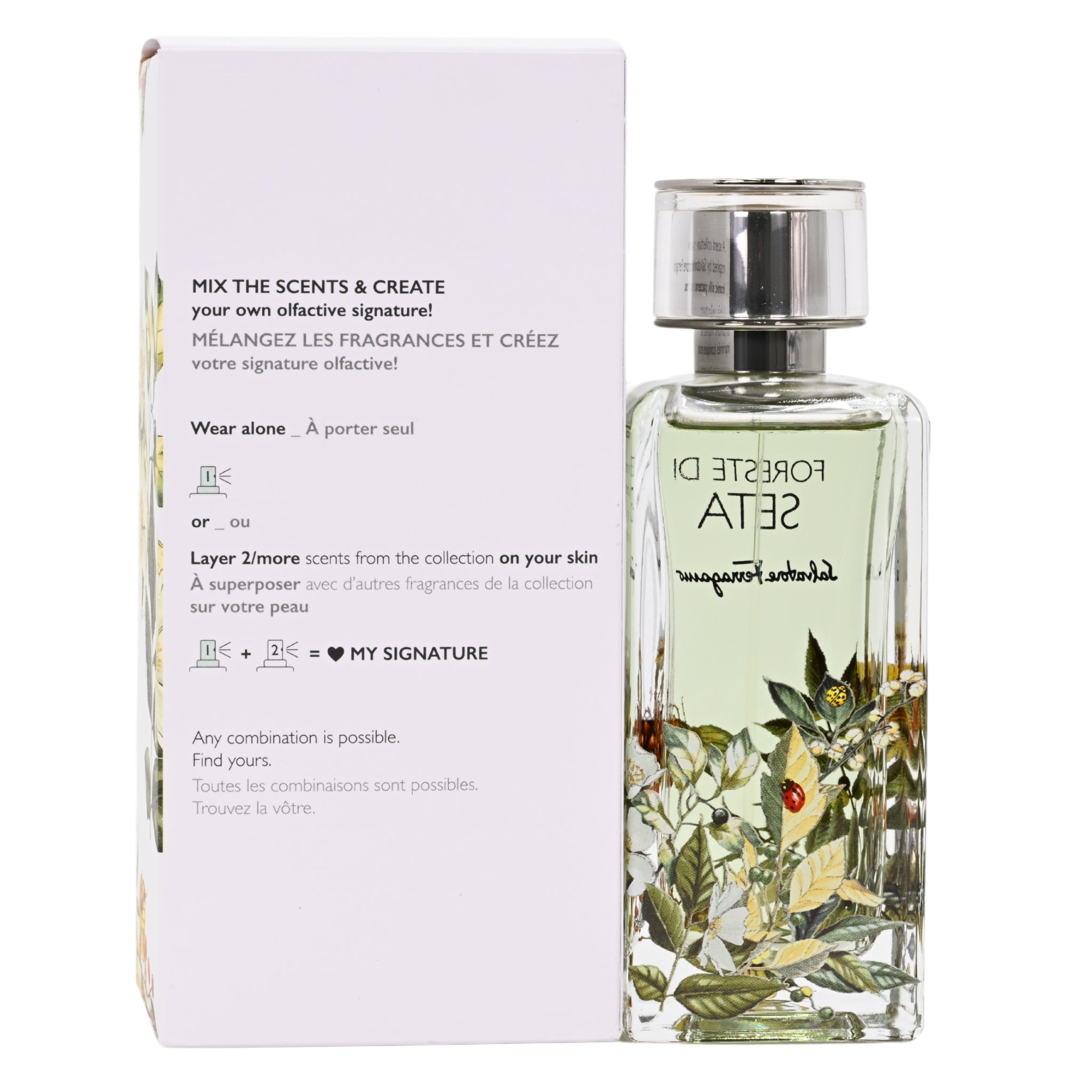 Perfume bottle with packaging labeled 'Foreste de Seta' on a white background