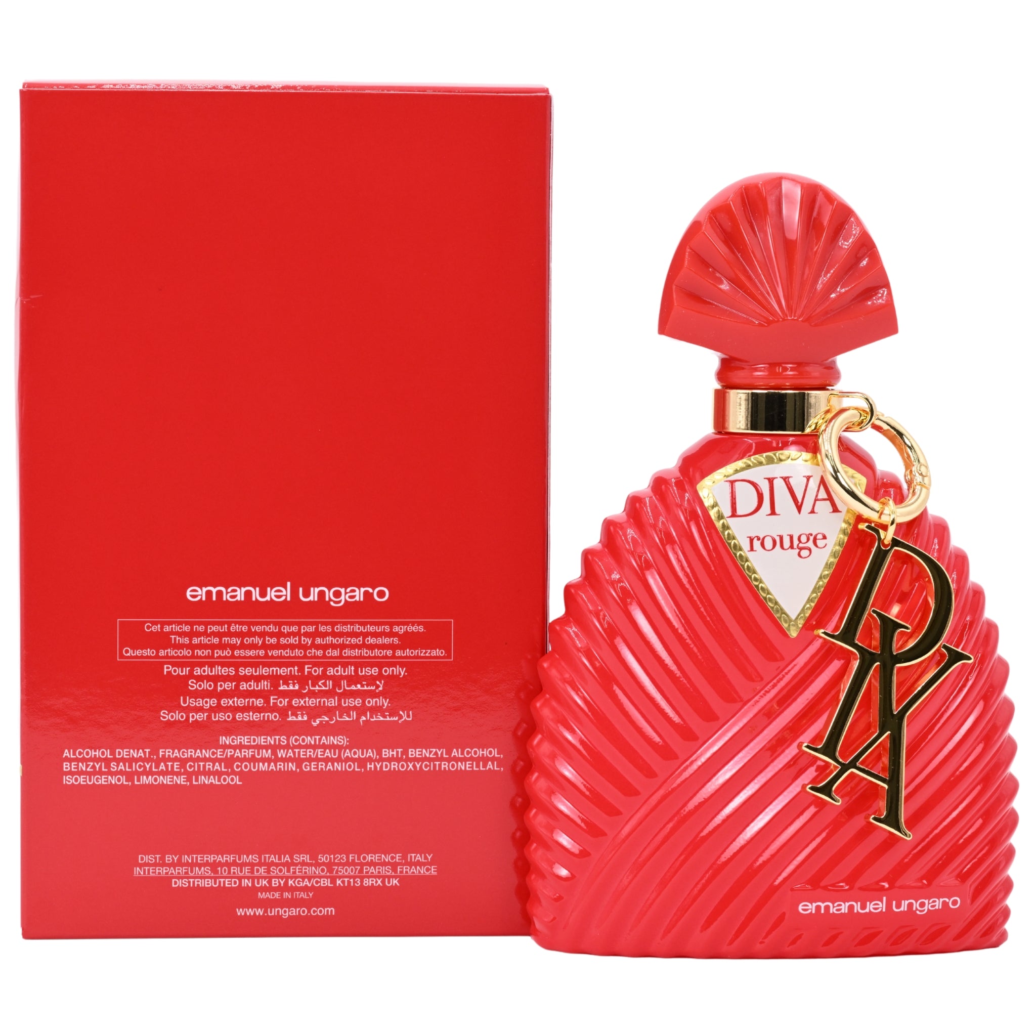 Red perfume bottle with gold accents and 'DIVA' branding next to a red box on a white background