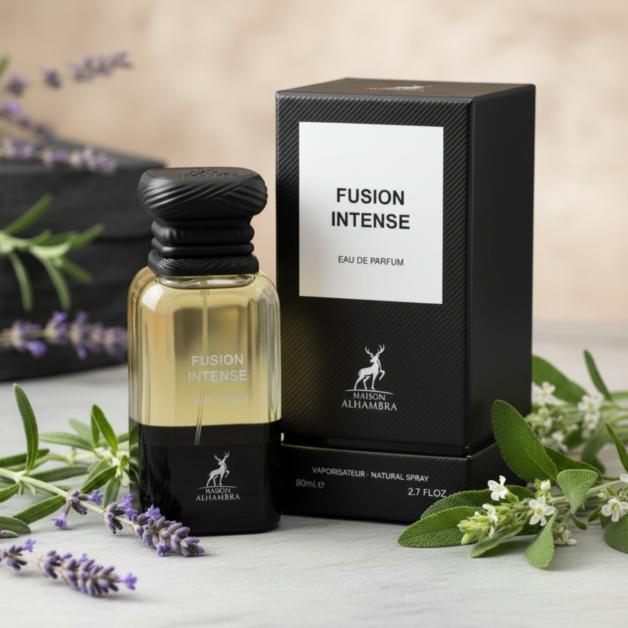 Fusion Intense eau de parfum bottle and packaging on a white background