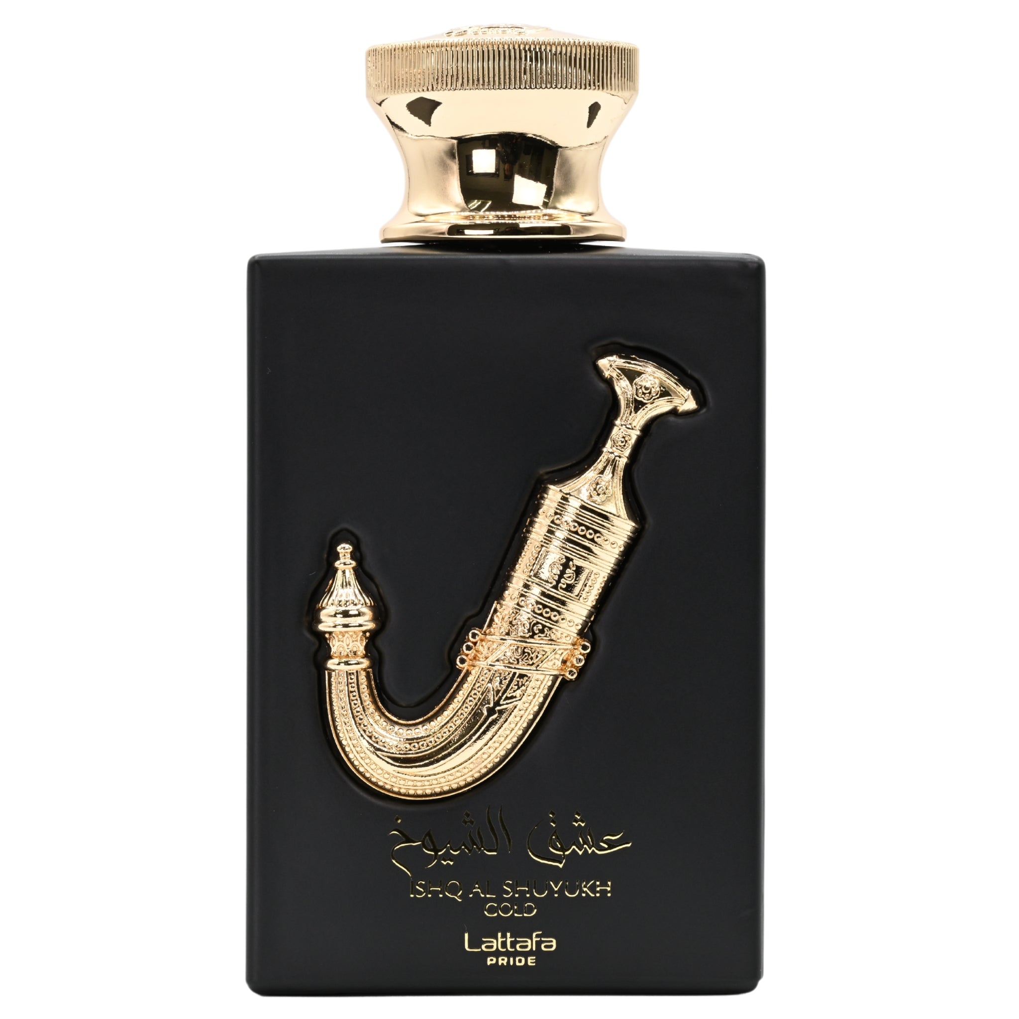 Black and gold perfume bottle with decorative design on a white background