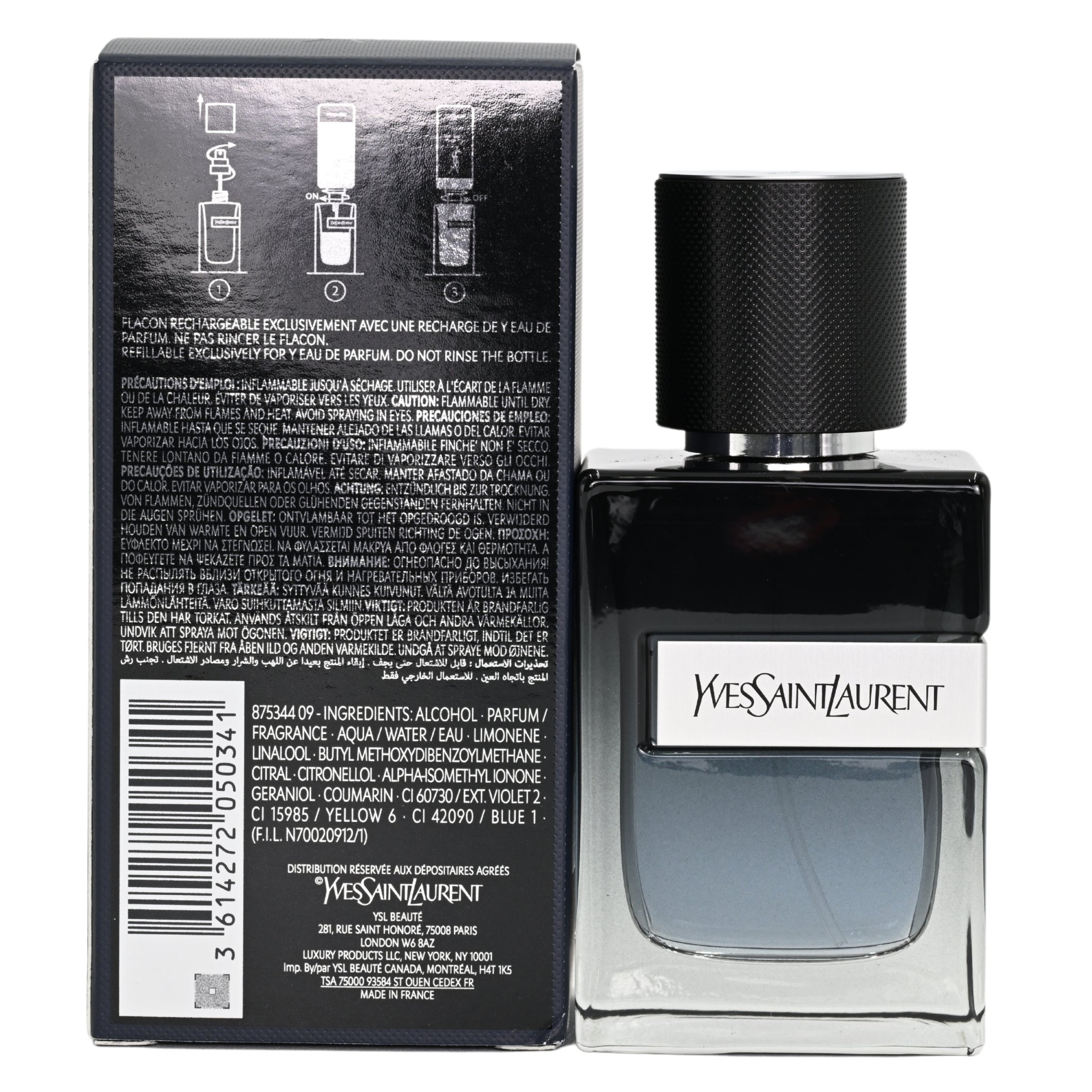 Yves Saint Laurent perfume bottle with back label showing text and branding.