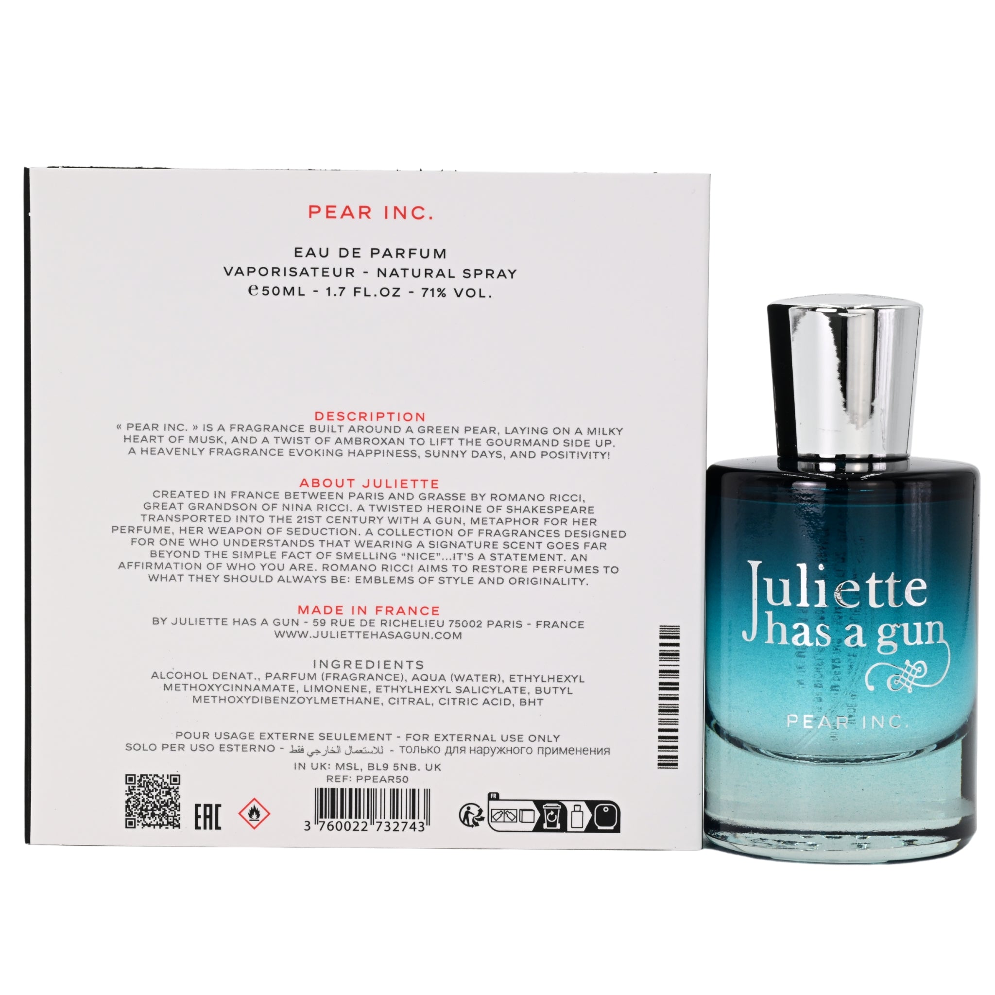 Perfume bottle with packaging displaying 'Juliette has a gun' branding on a white background