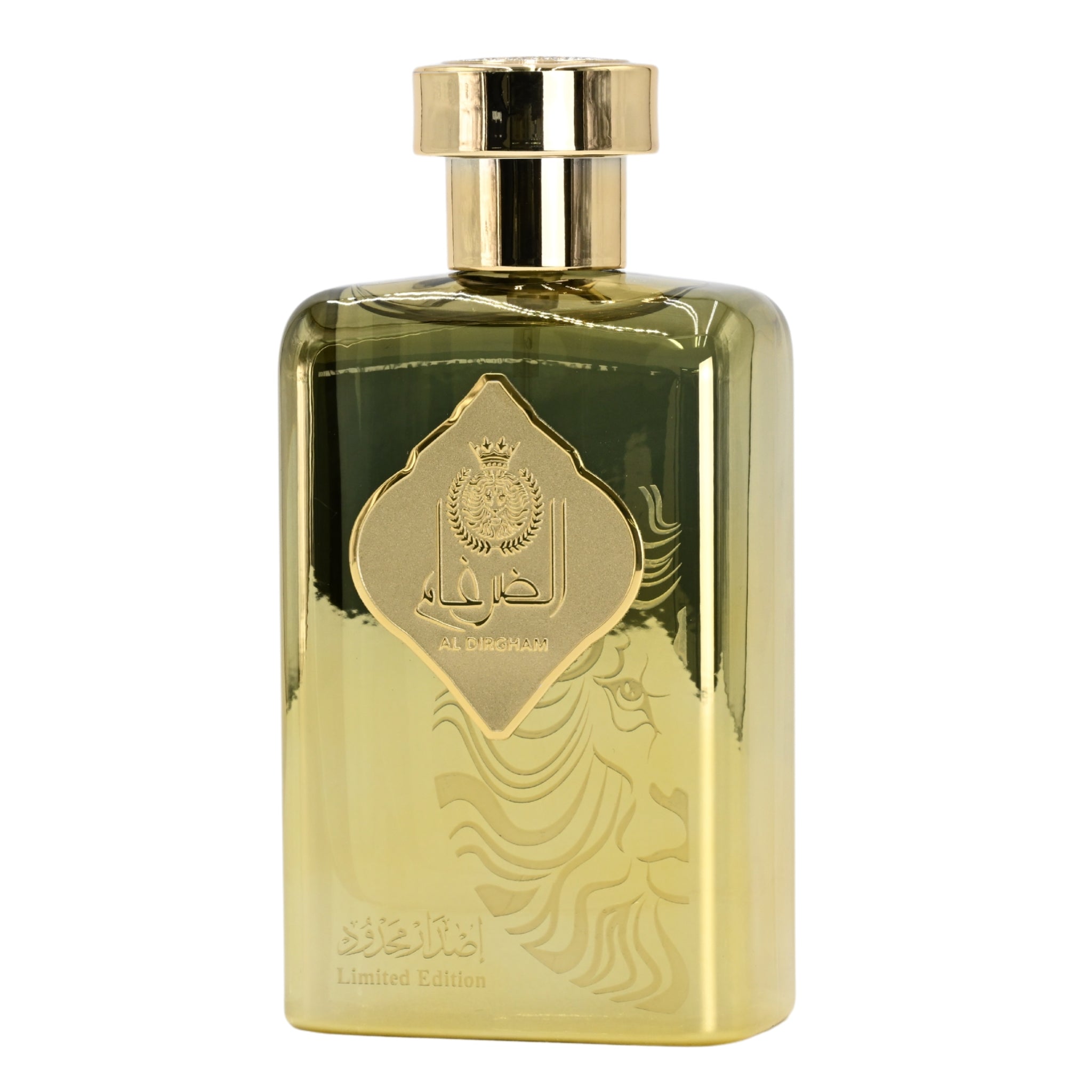 Gold perfume bottle with intricate design on a white background