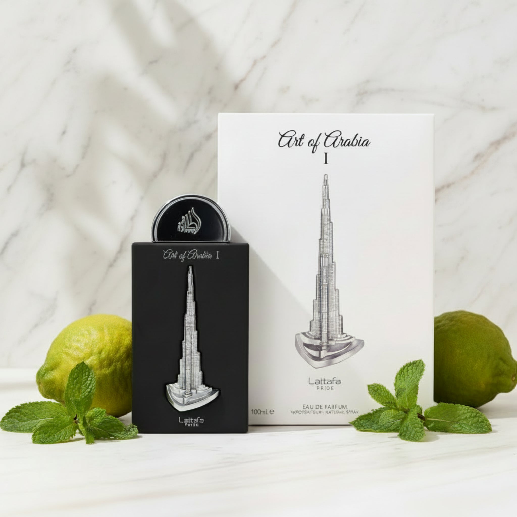 Lattafa perfume with Burj Khalifa design on a white background