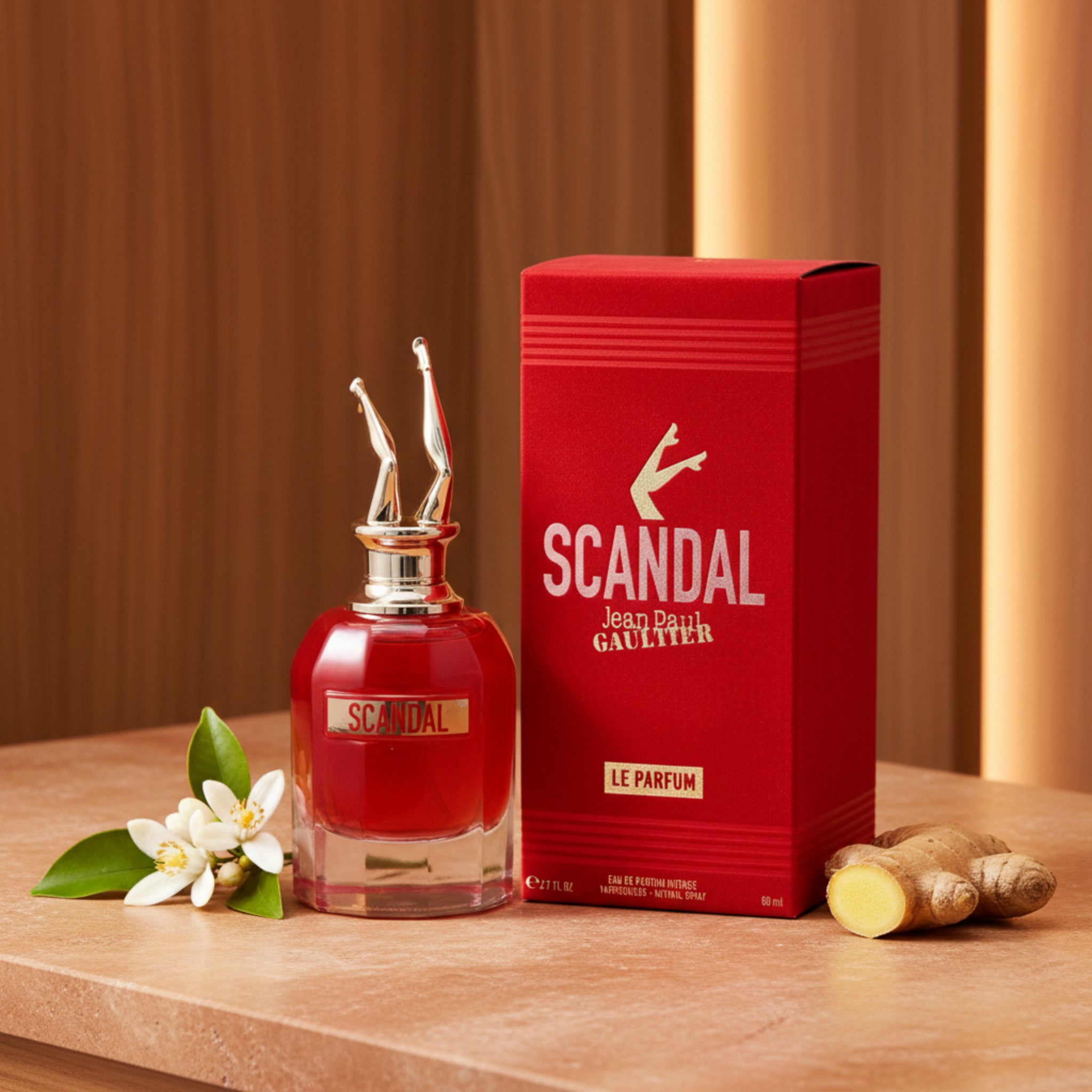 Red 'Scandal' perfume bottle and packaging on a white background