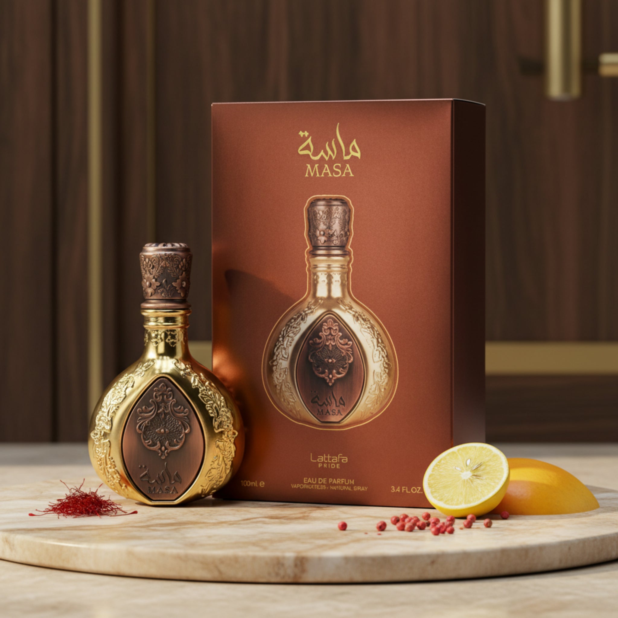 Masa perfume bottle and packaging on a white background