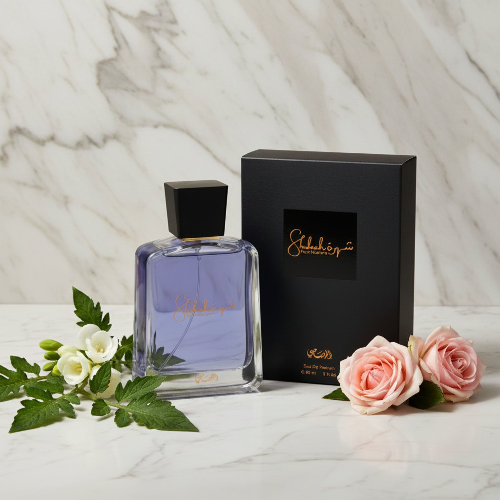 Perfume bottle and packaging with 'Shiseido' branding on a white background