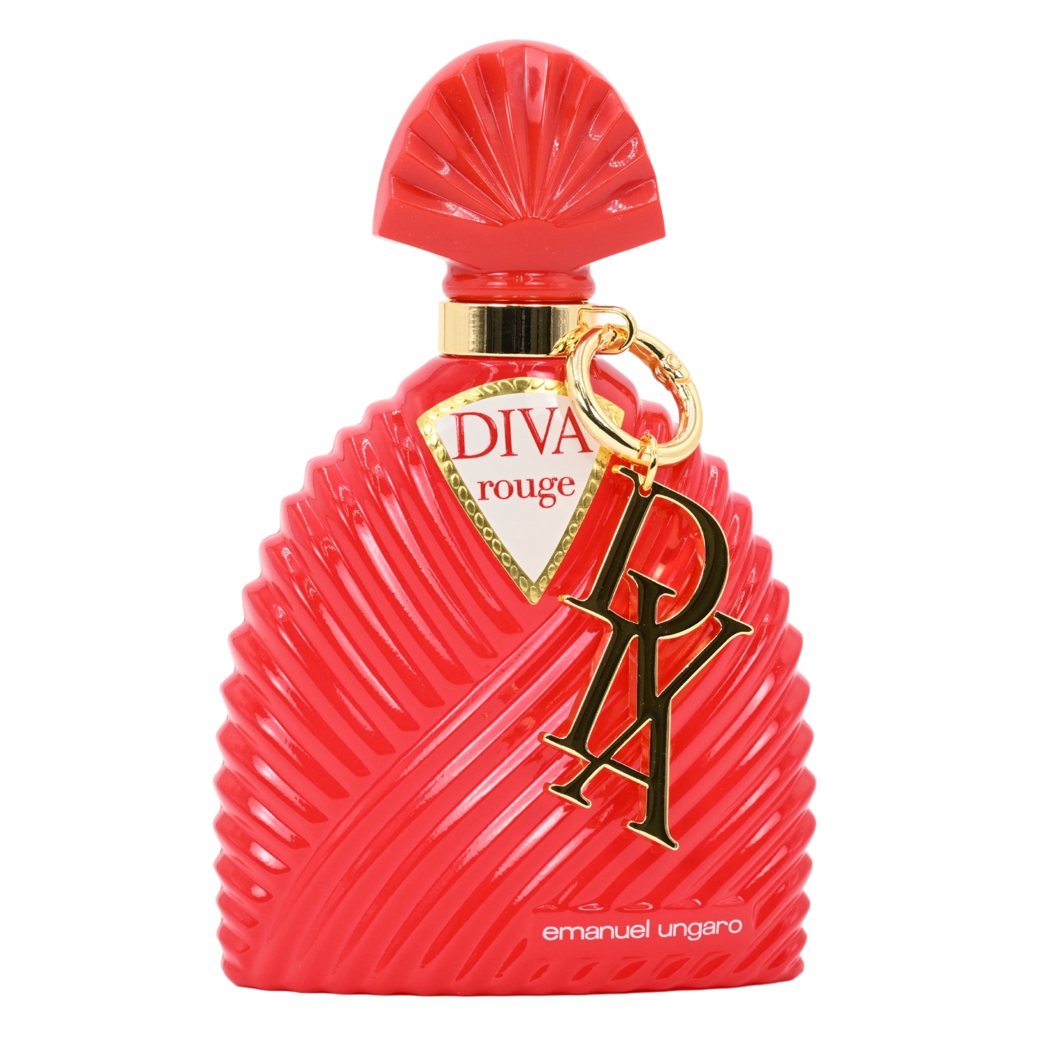 Red perfume bottle with gold accents on a white background