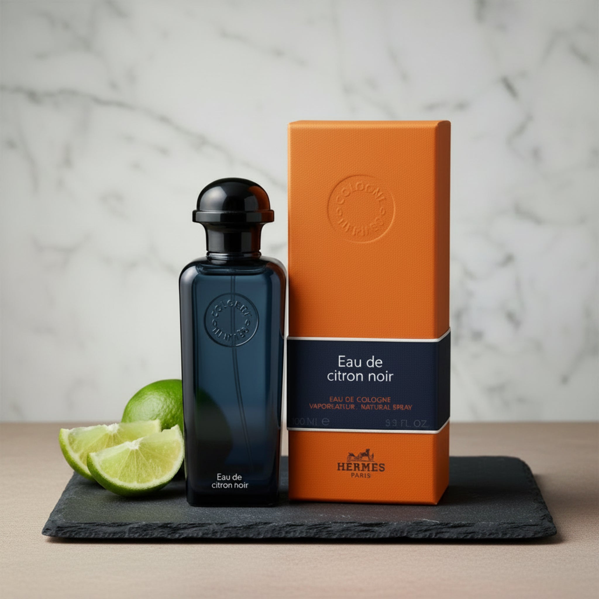 Hermes Eau de Citron Noir cologne bottle and packaging on a white background