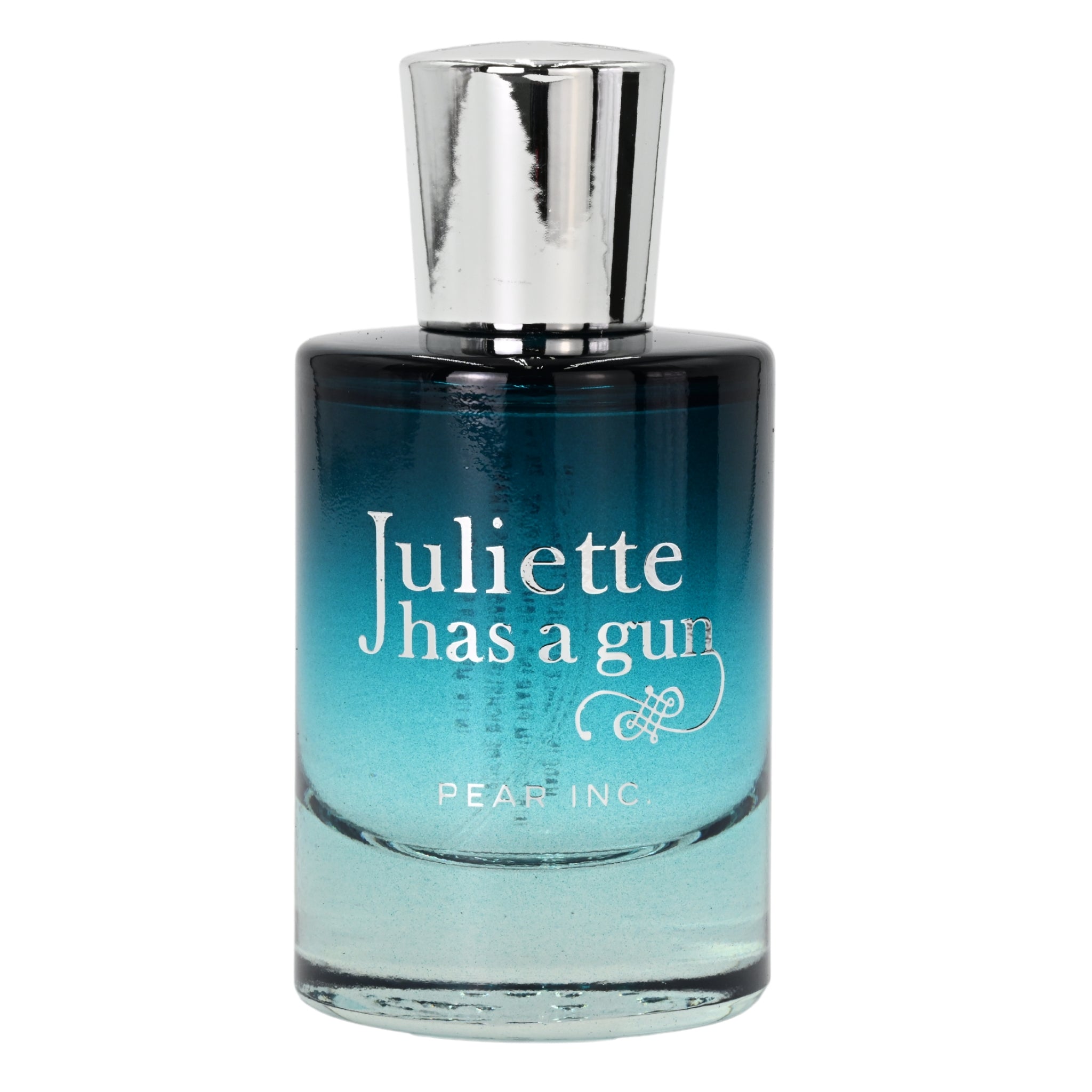 Perfume bottle with blue gradient and silver cap on a white background