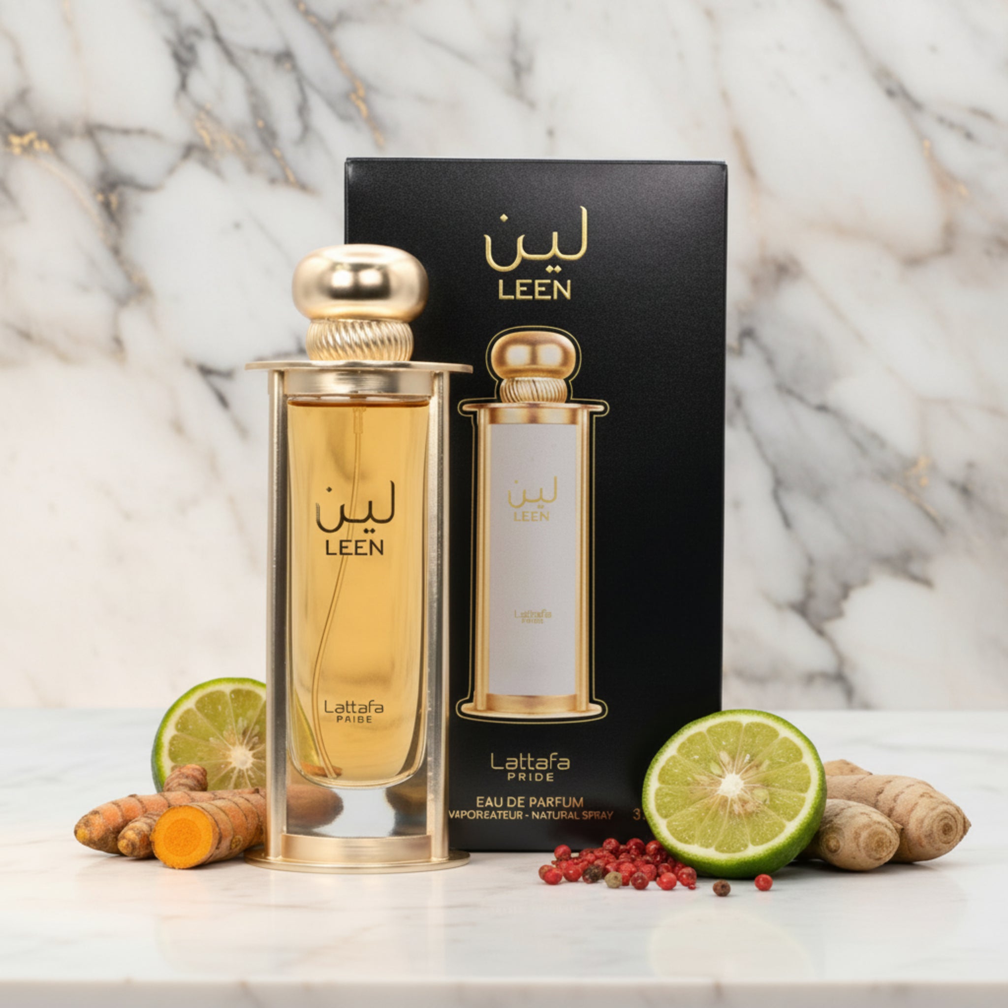 Gold perfume bottle and packaging with 'LEEN' branding on a white background