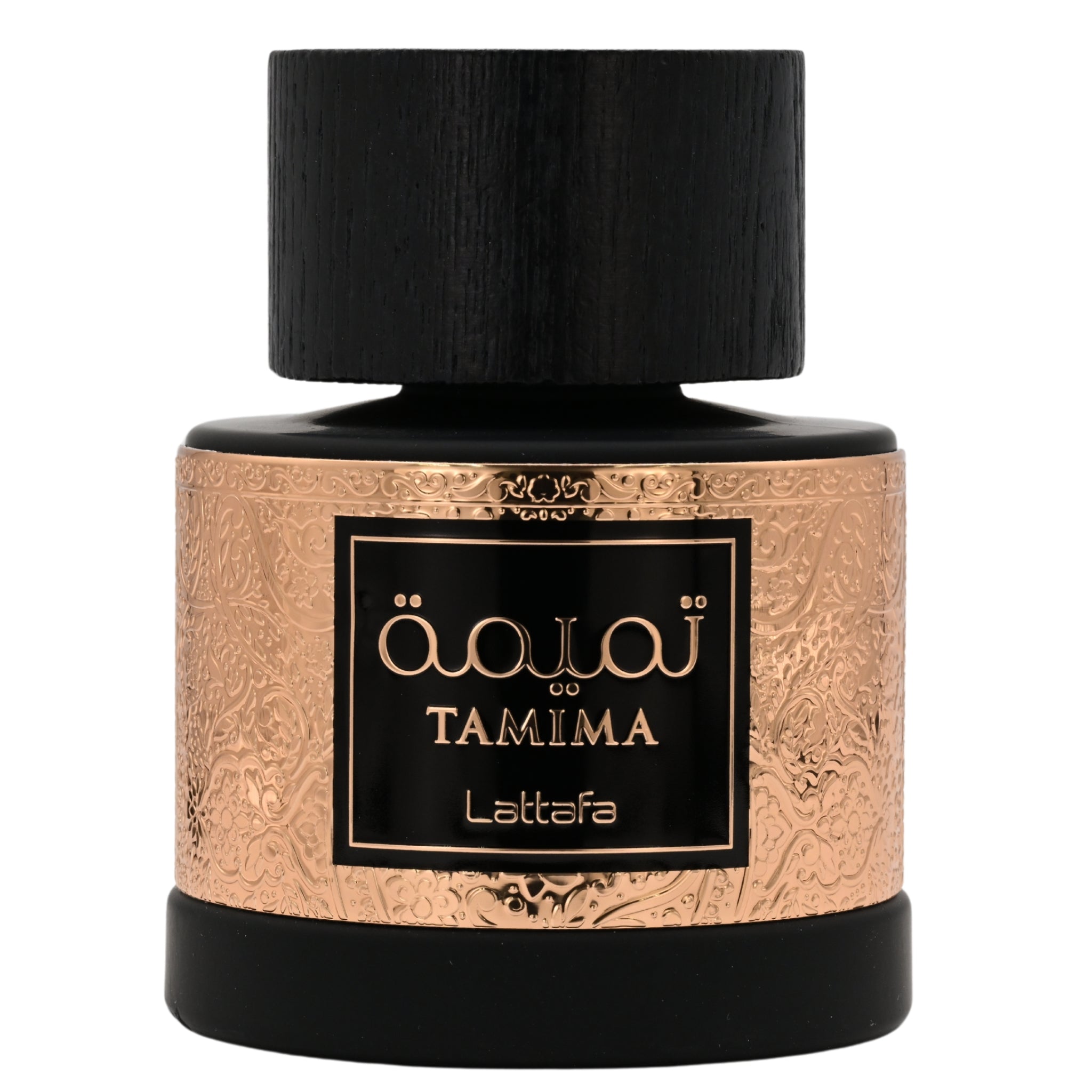 Perfume bottle with black cap and gold label on a white background