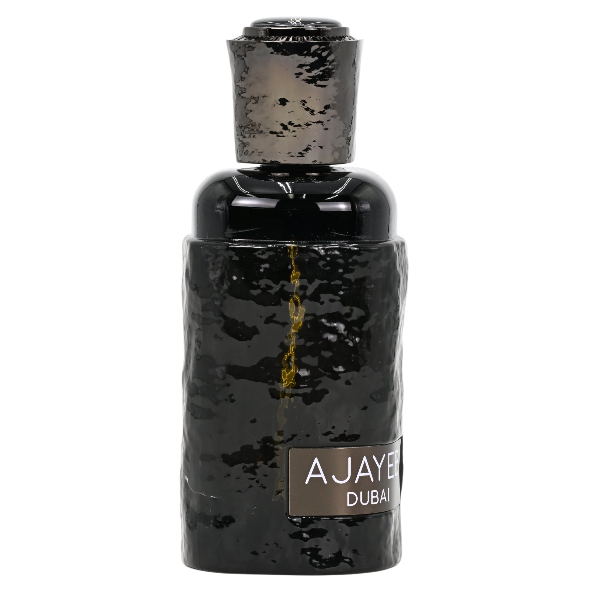 Black textured perfume bottle with 'AJAYE' branding on a white background