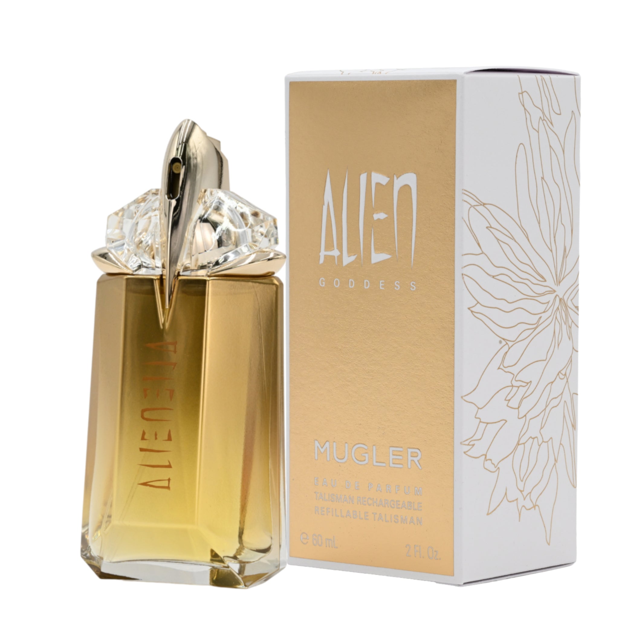 Mugler Alien perfume bottle and packaging on a white background