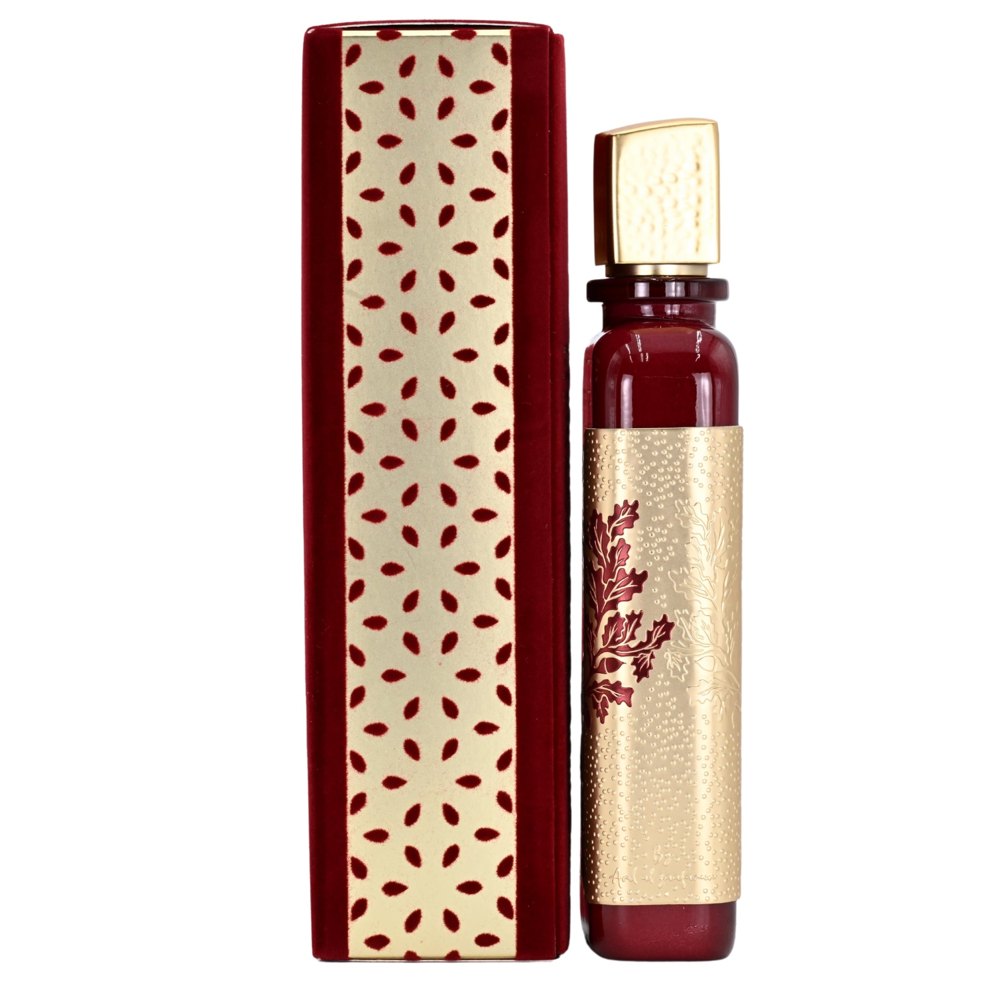 Perfume bottle with decorative packaging on a white background