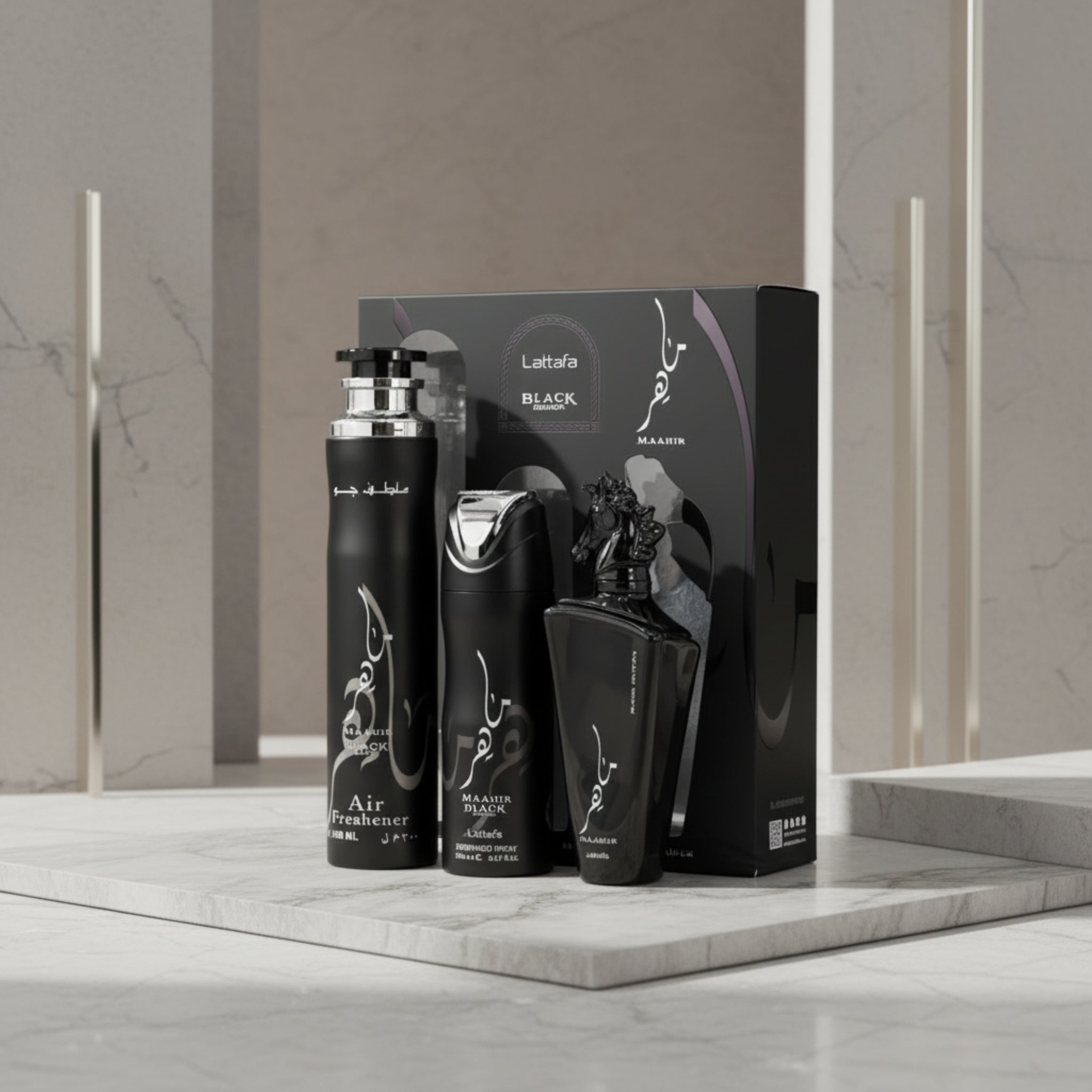 Black perfume bottles and packaging with 'Latafa' branding on a white background