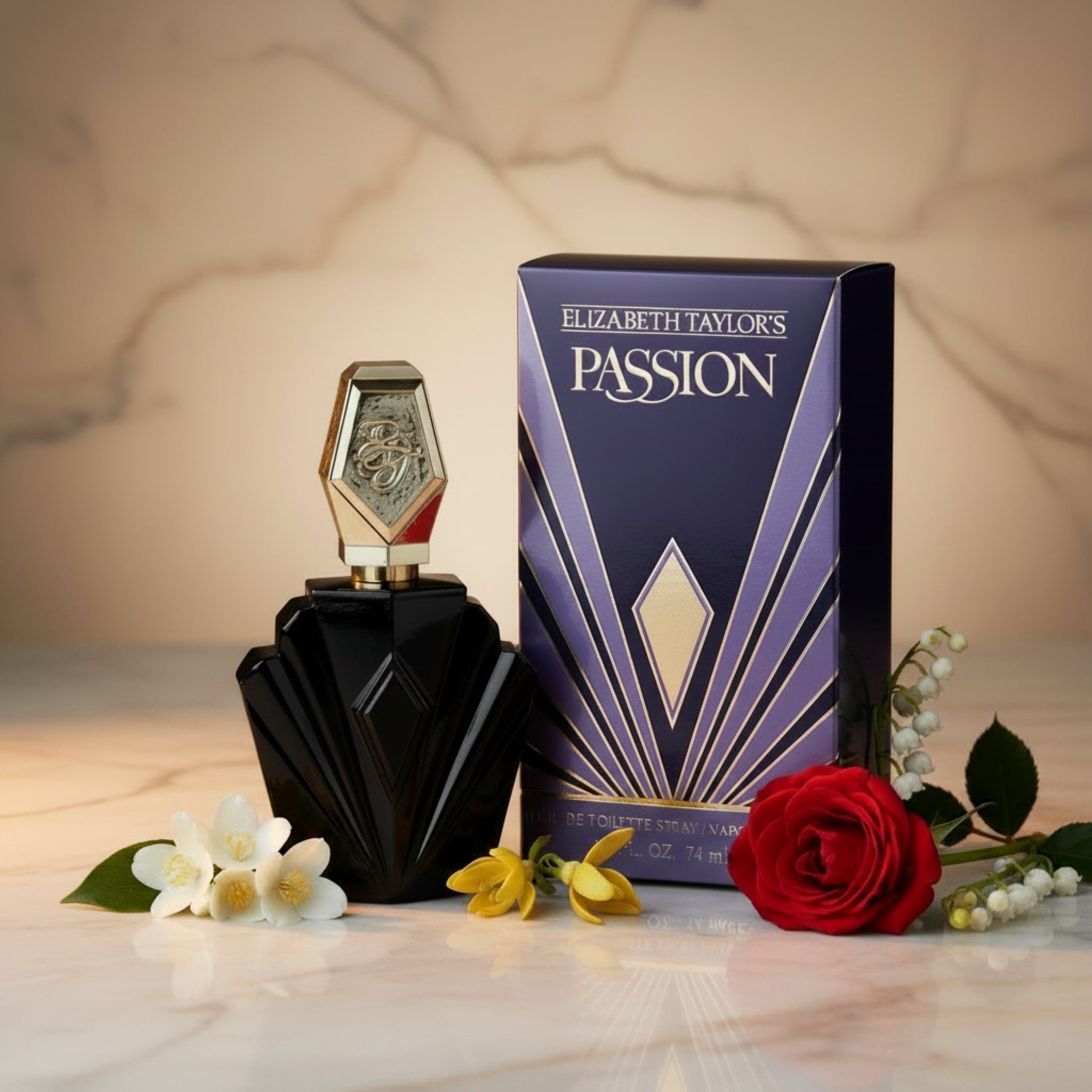 Elizabeth Taylor's Passion perfume bottle and packaging on a white background