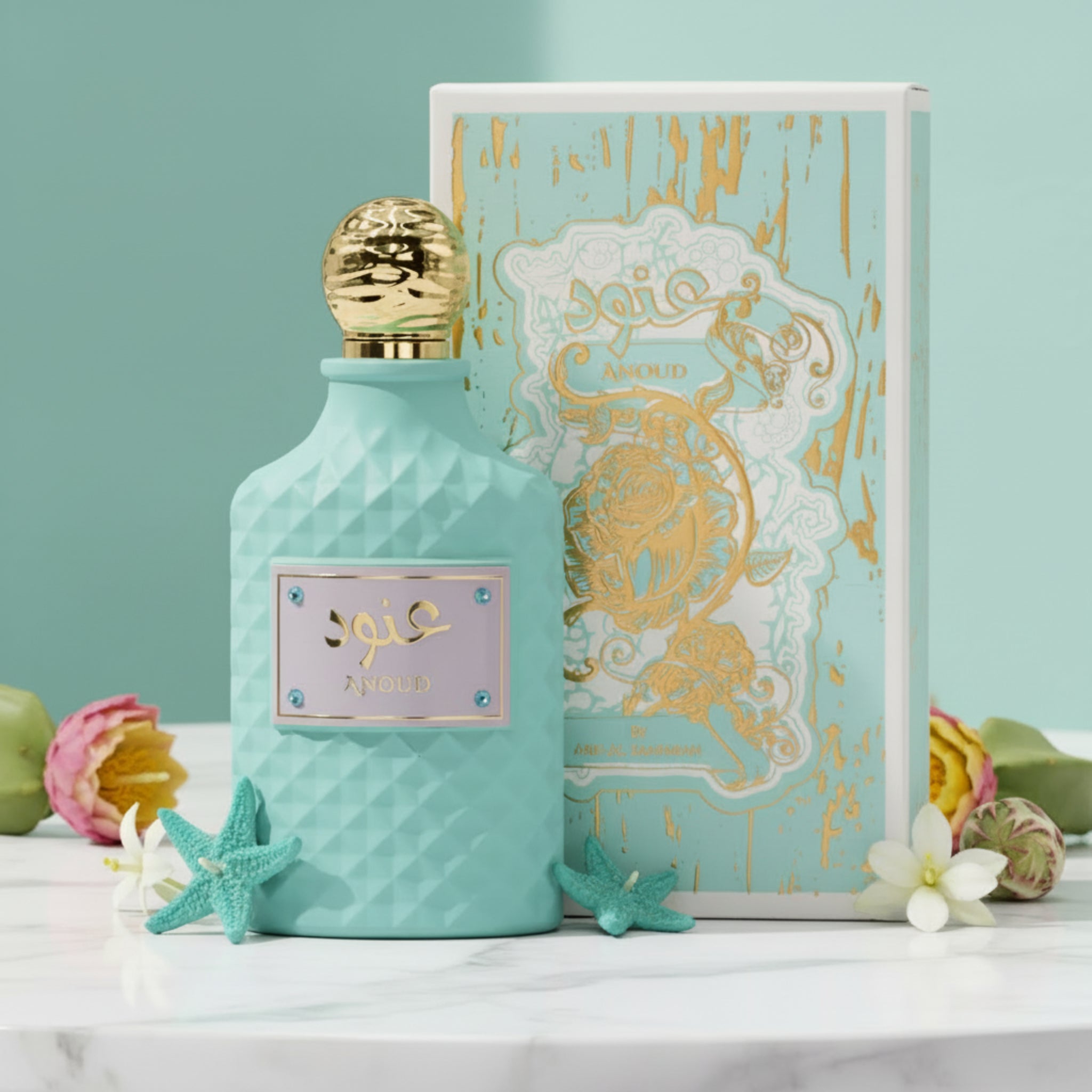 Teal perfume bottle with gold cap and decorative box on a white background