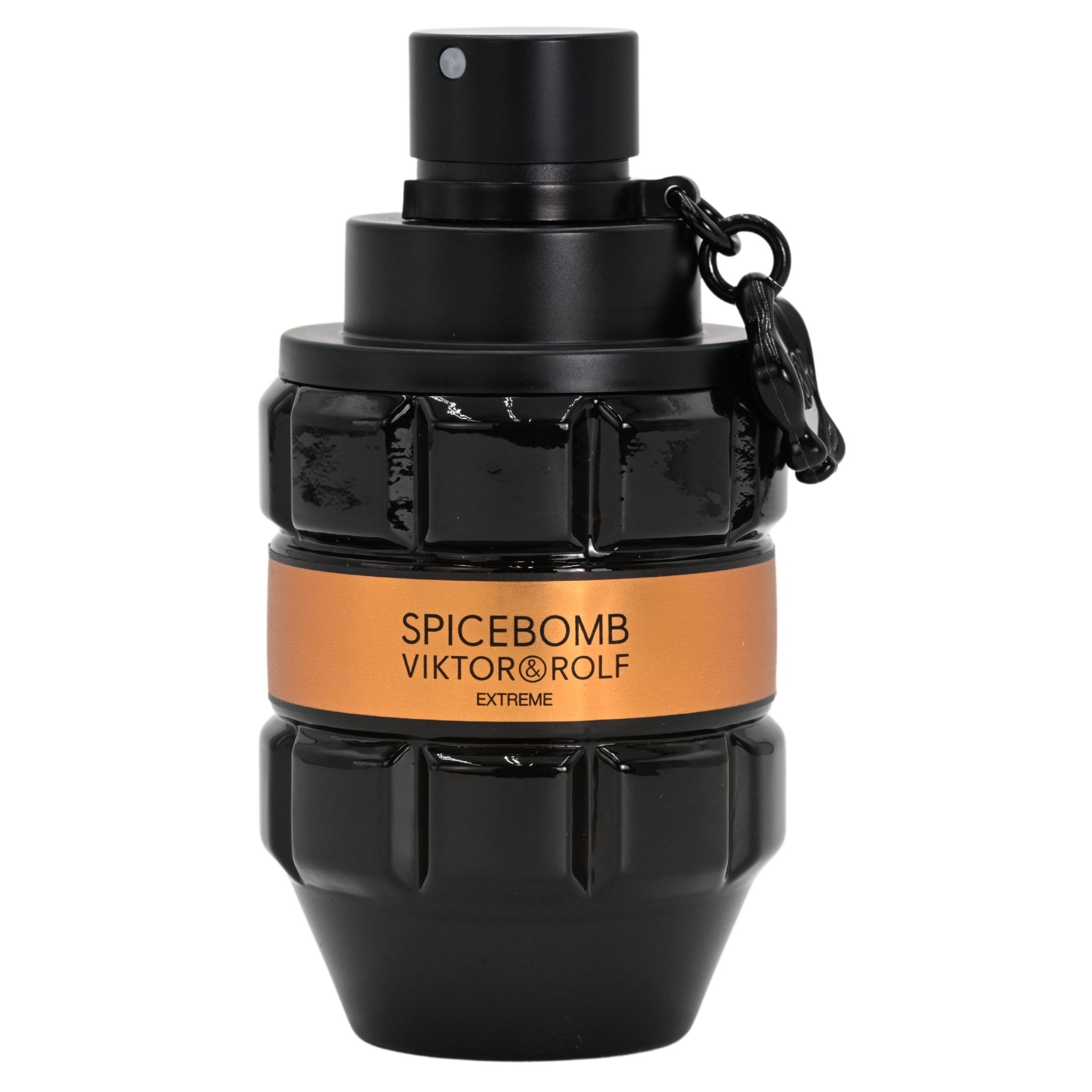 Black and orange Spicebomb Viktor & Rolf perfume bottle on a white background