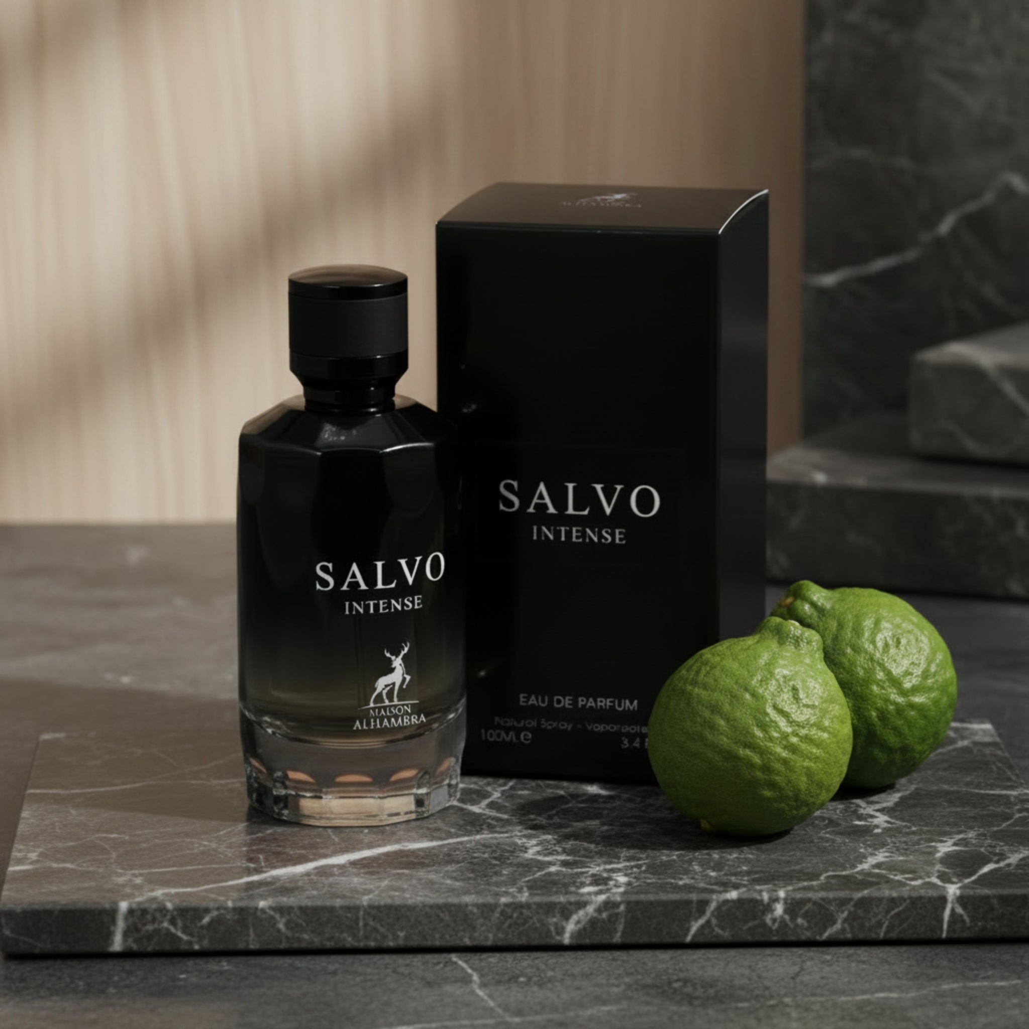 Salvo Intense eau de parfum bottle and packaging on a white background