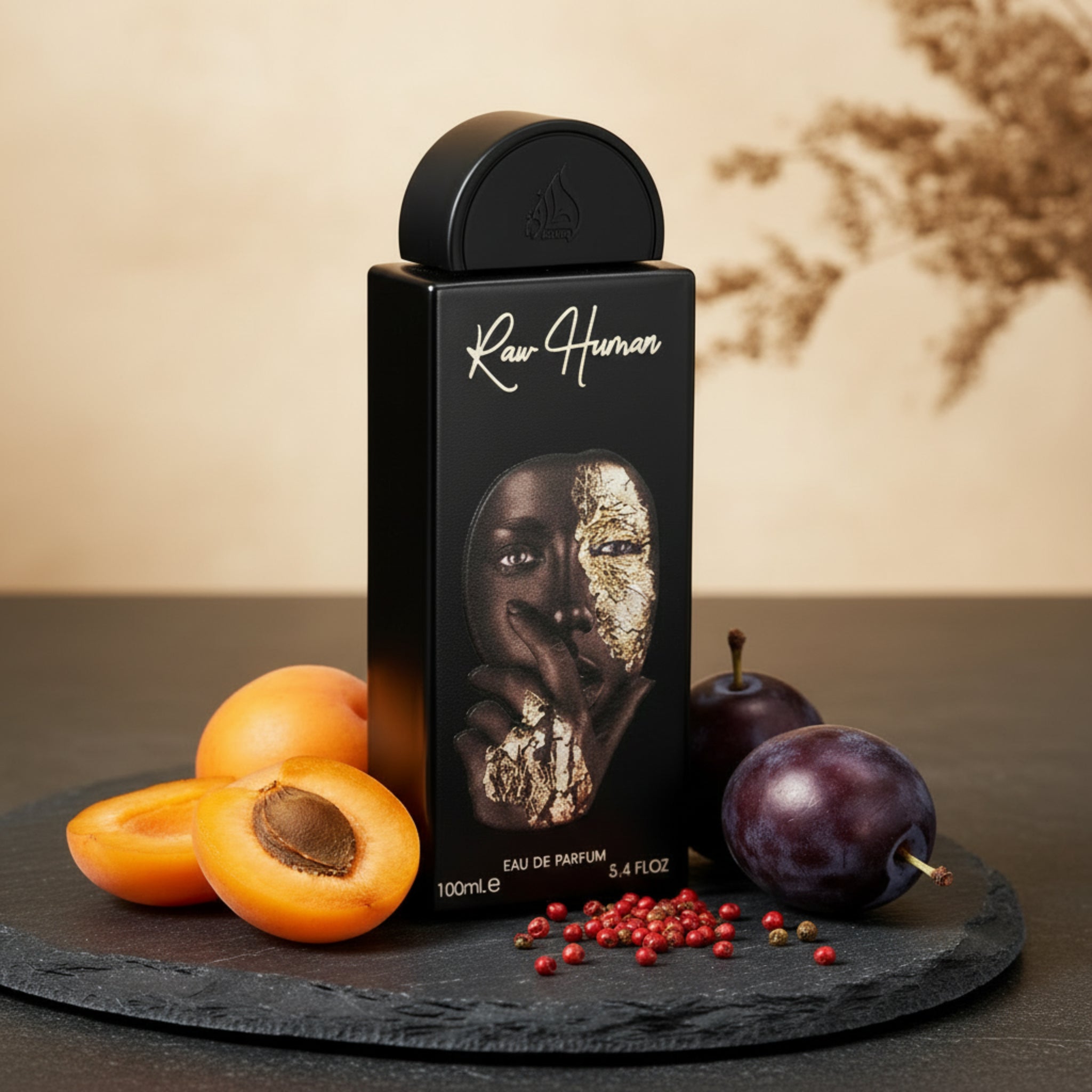 Black perfume bottle with 'Raw Human' branding on a white background