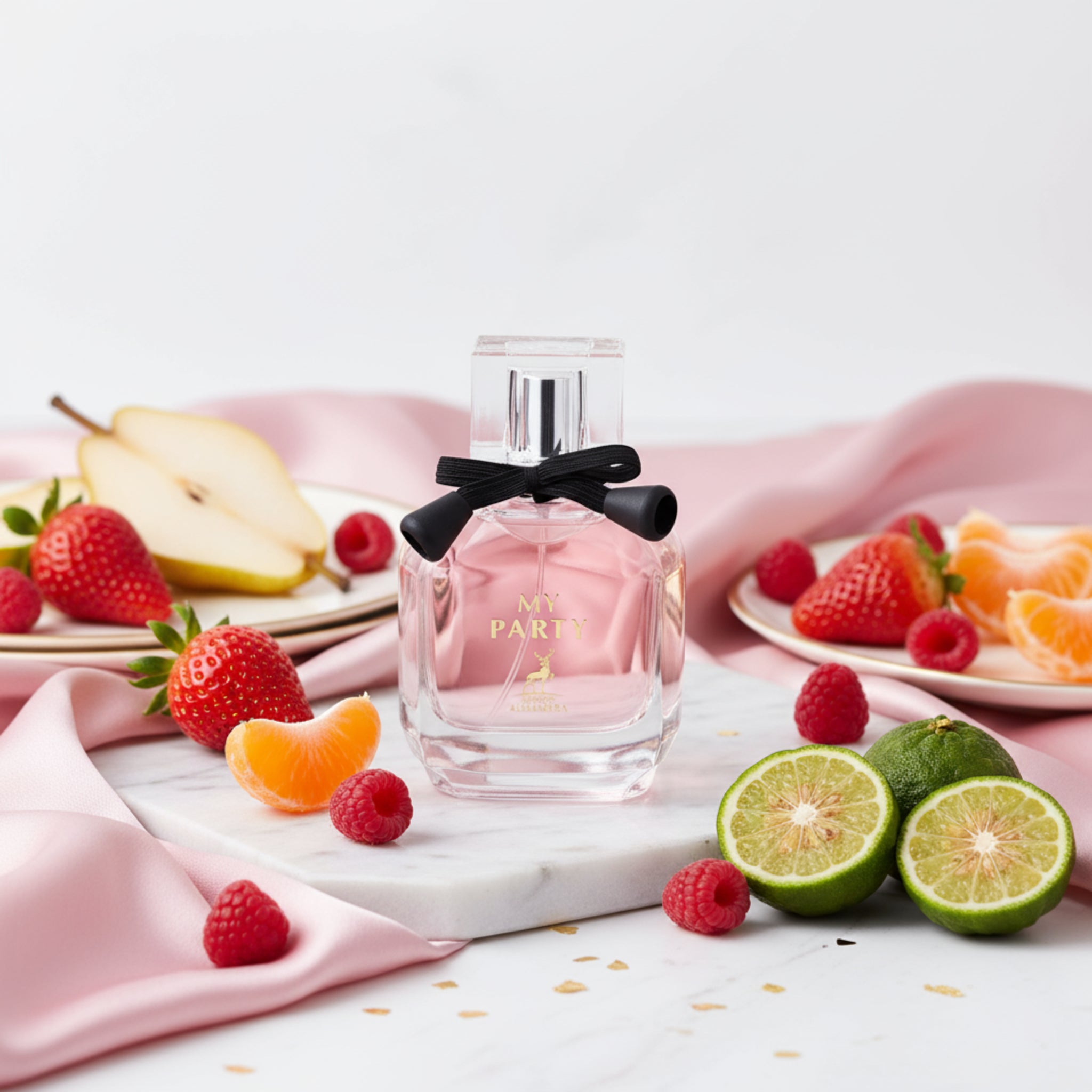 Perfume bottle labeled 'My Party' with a black bow on a white background