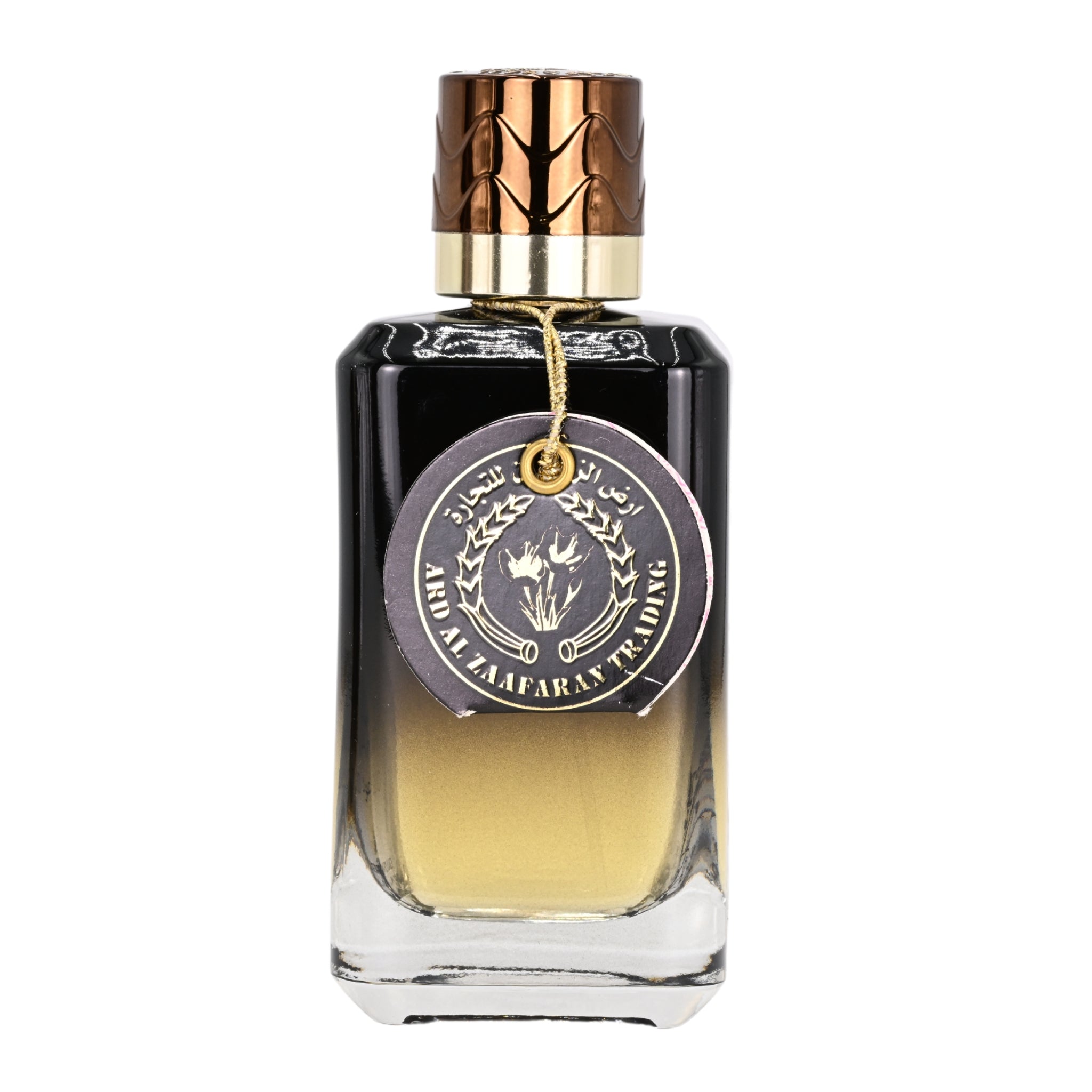 Perfume bottle with gold cap and decorative label on a white background