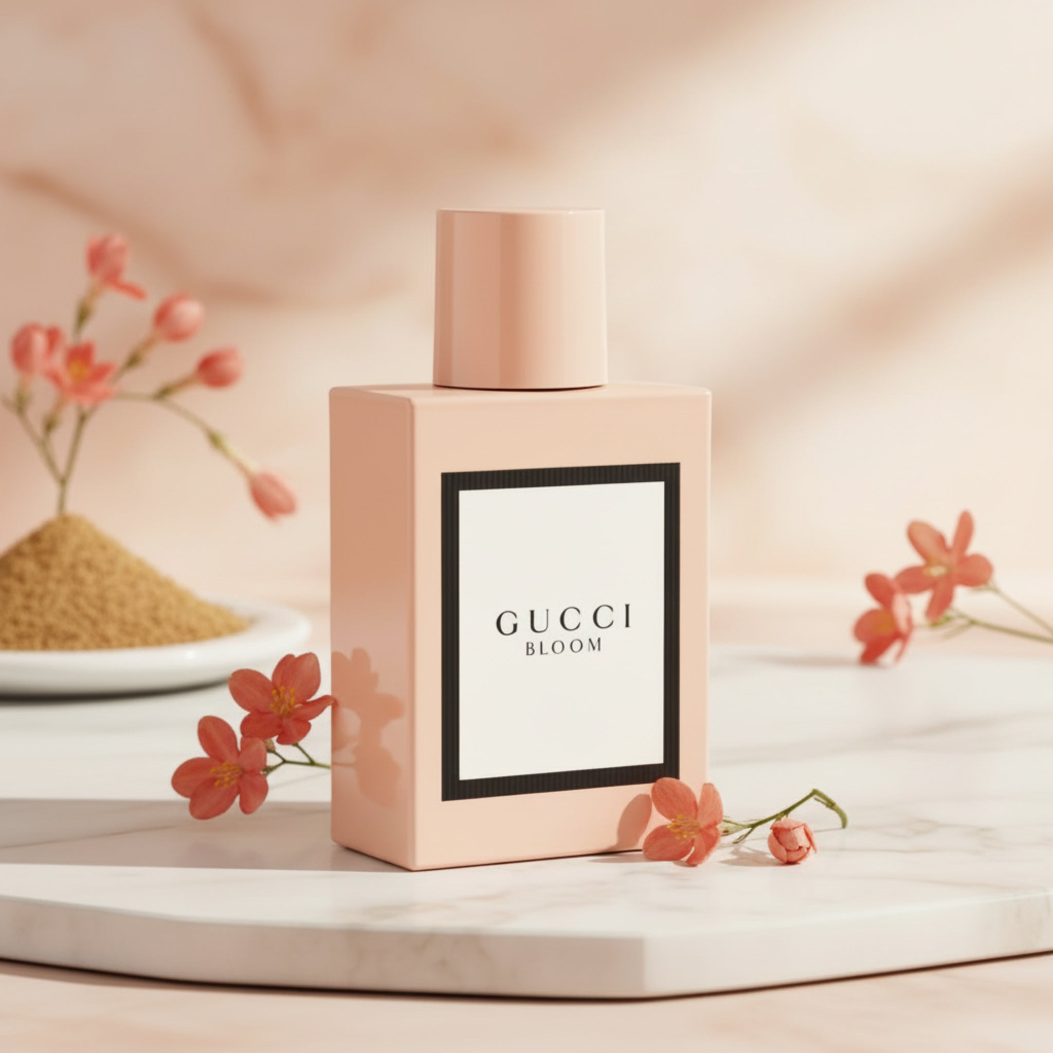 Gucci Bloom perfume bottle on a white background
