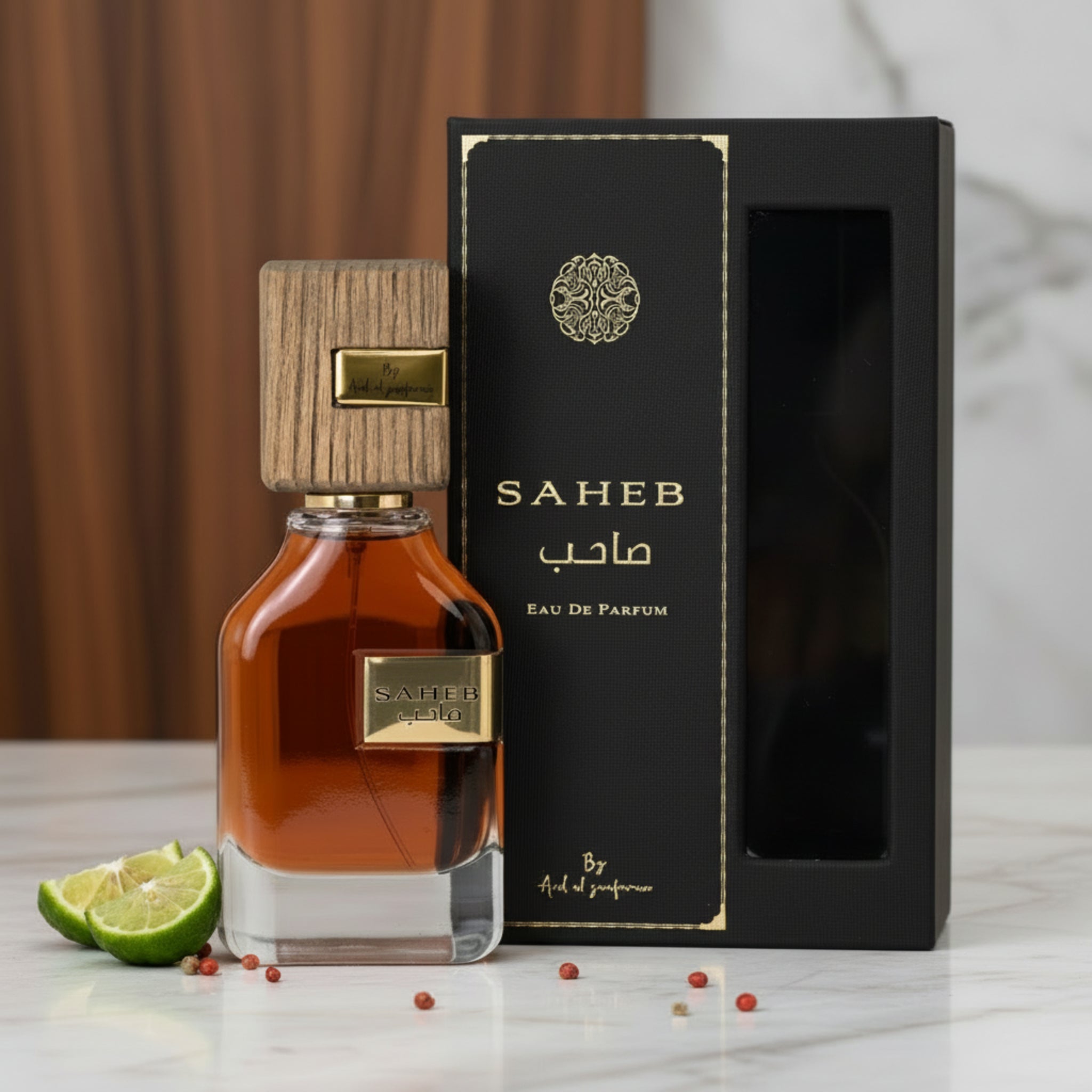 SAHEB Eau de Parfum bottle with wooden cap and black packaging on a white background