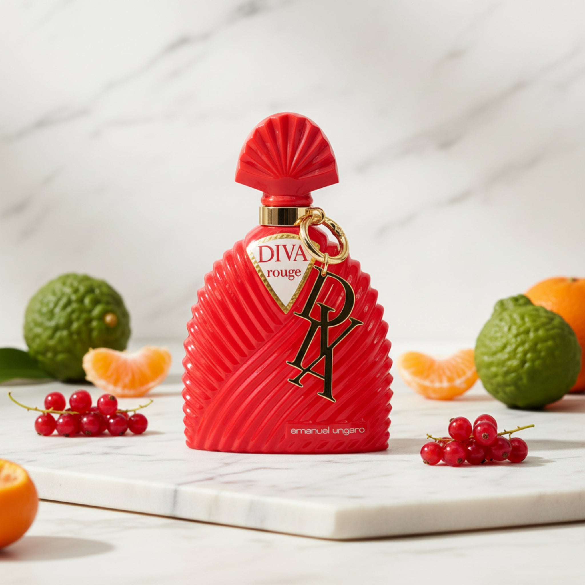 Red perfume bottle with gold accents on a white background
