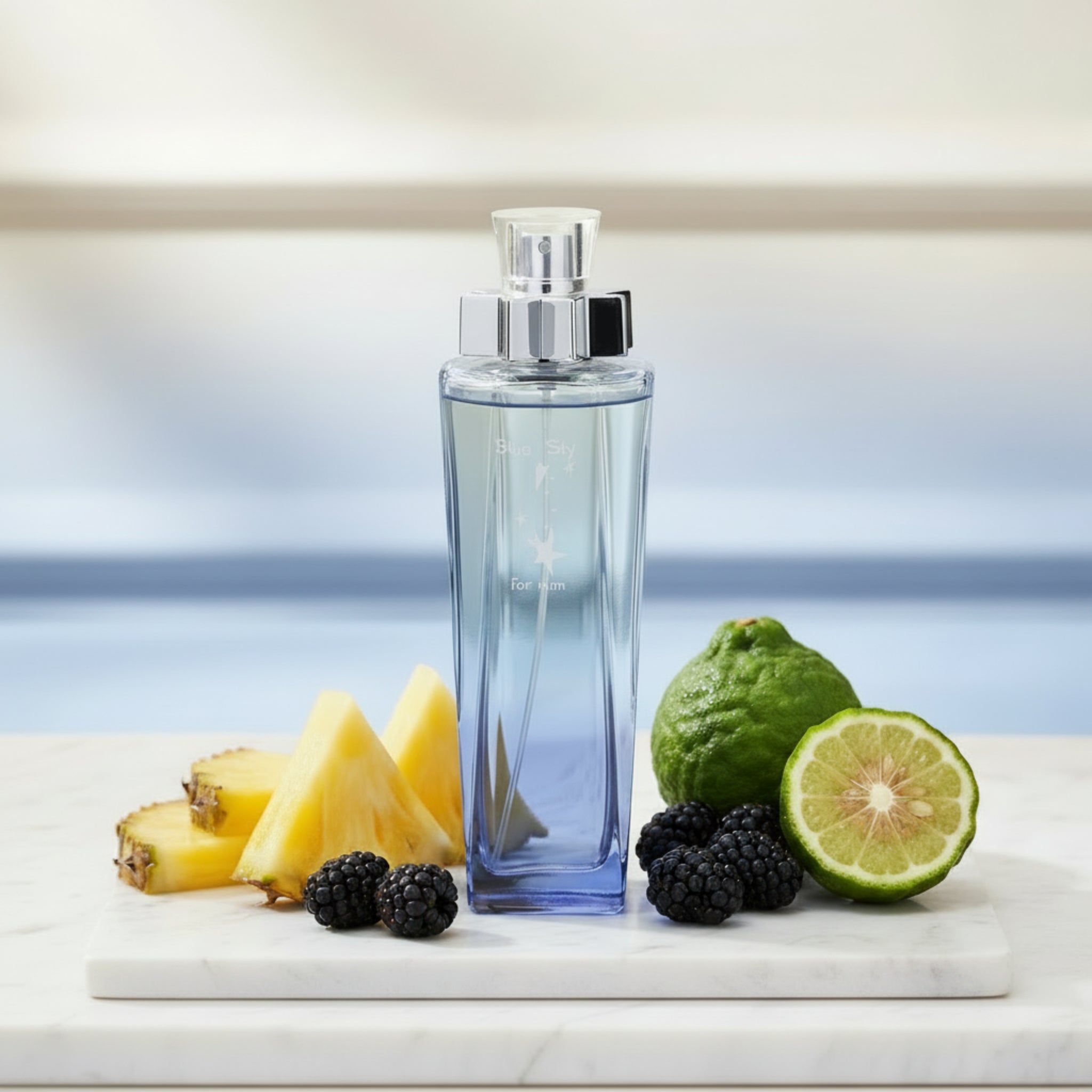 Blue perfume bottle with silver cap on a white background