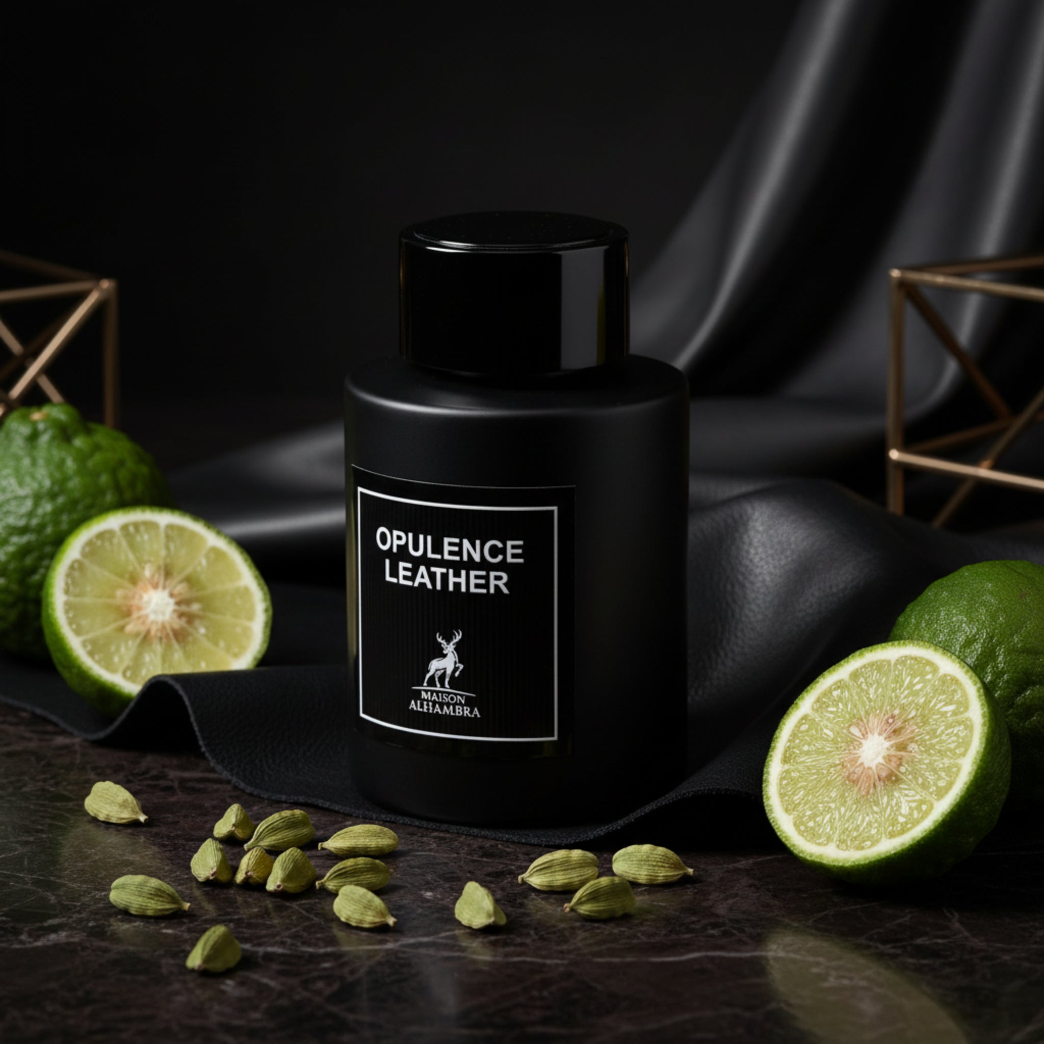 Black perfume bottle labeled 'Opulence Leather' on a white background