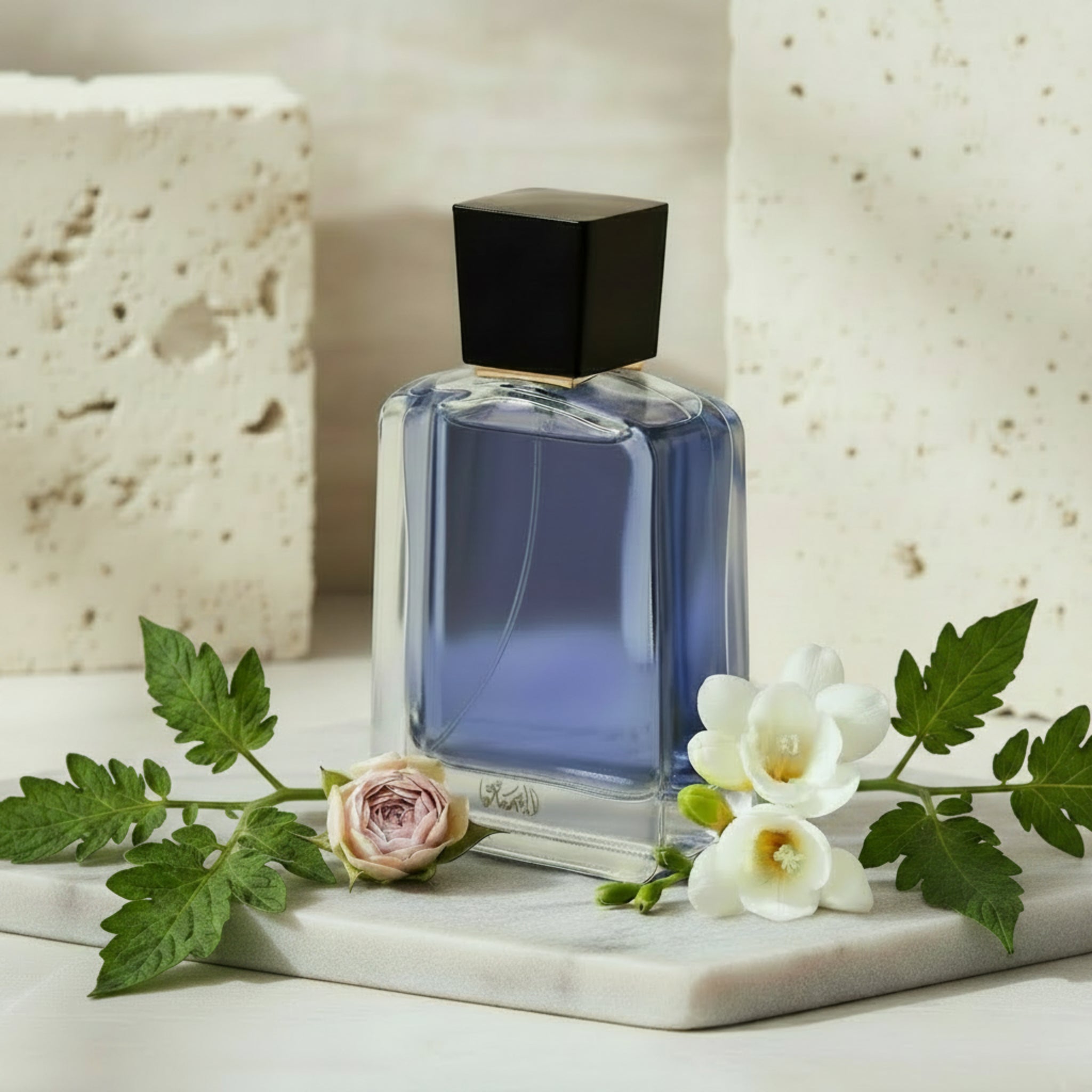 Perfume bottle with black cap on a white background