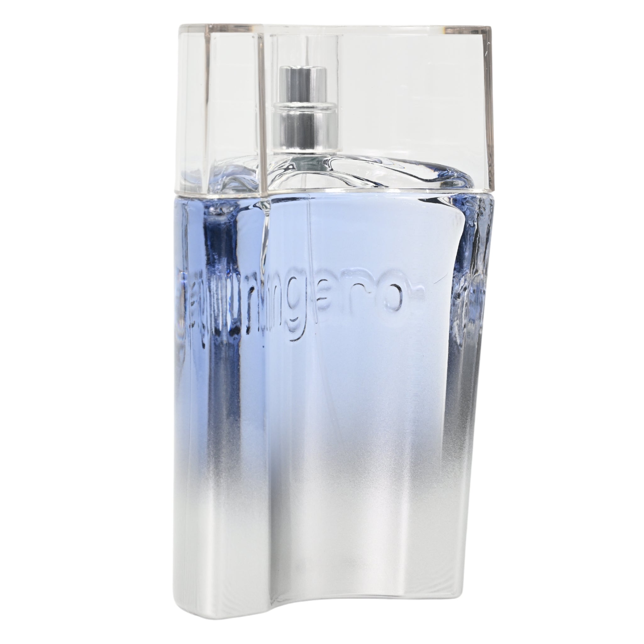 Perfume bottle with gradient blue and clear design on a white background