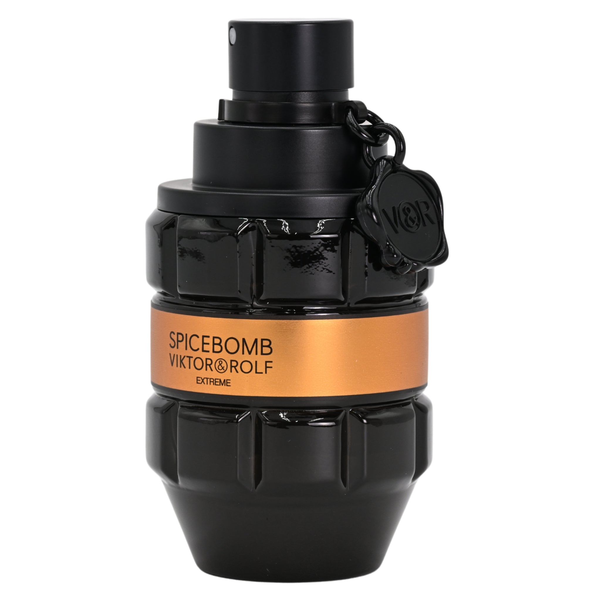 Black and orange Spicebomb Viktor & Rolf perfume bottle on a white background