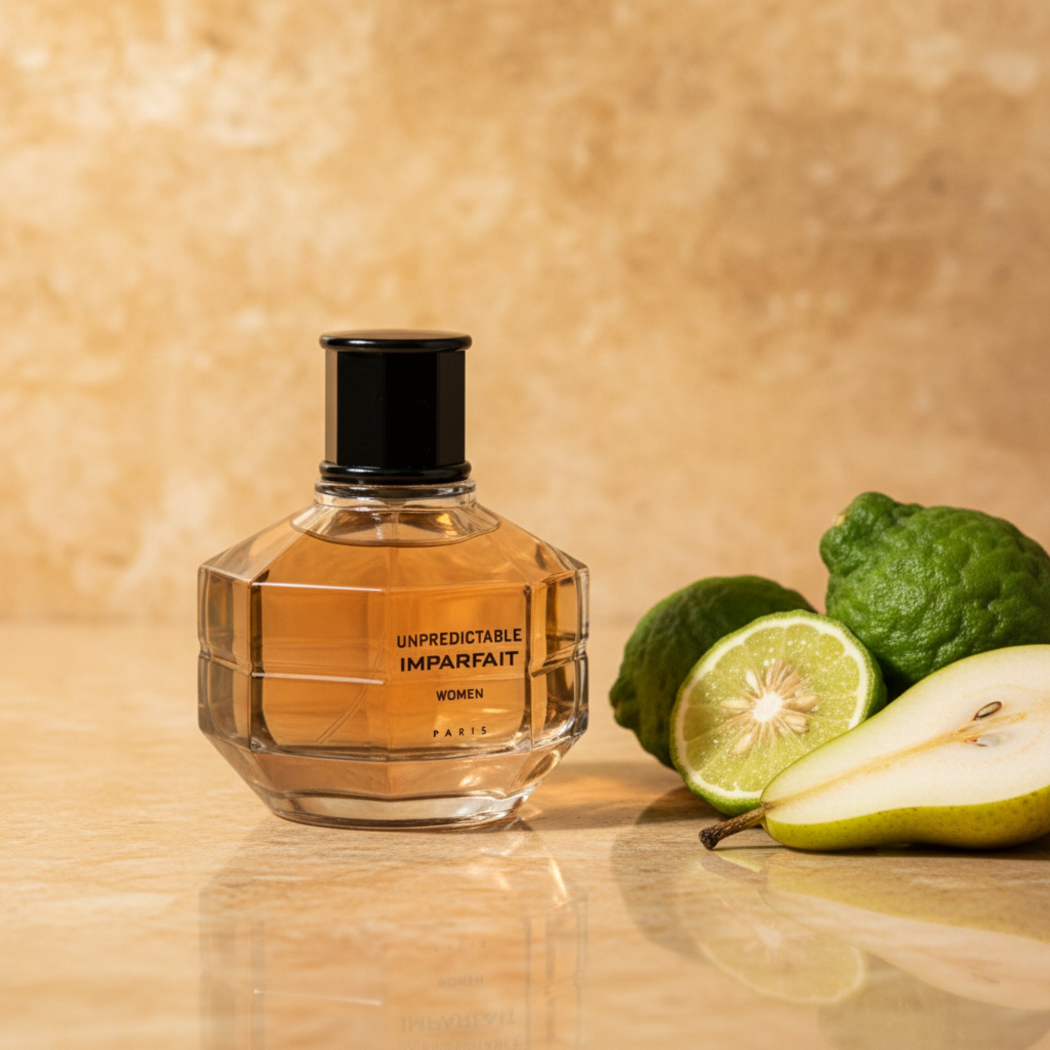 Perfume bottle labeled 'Unpredictable Imparfait' on a white background