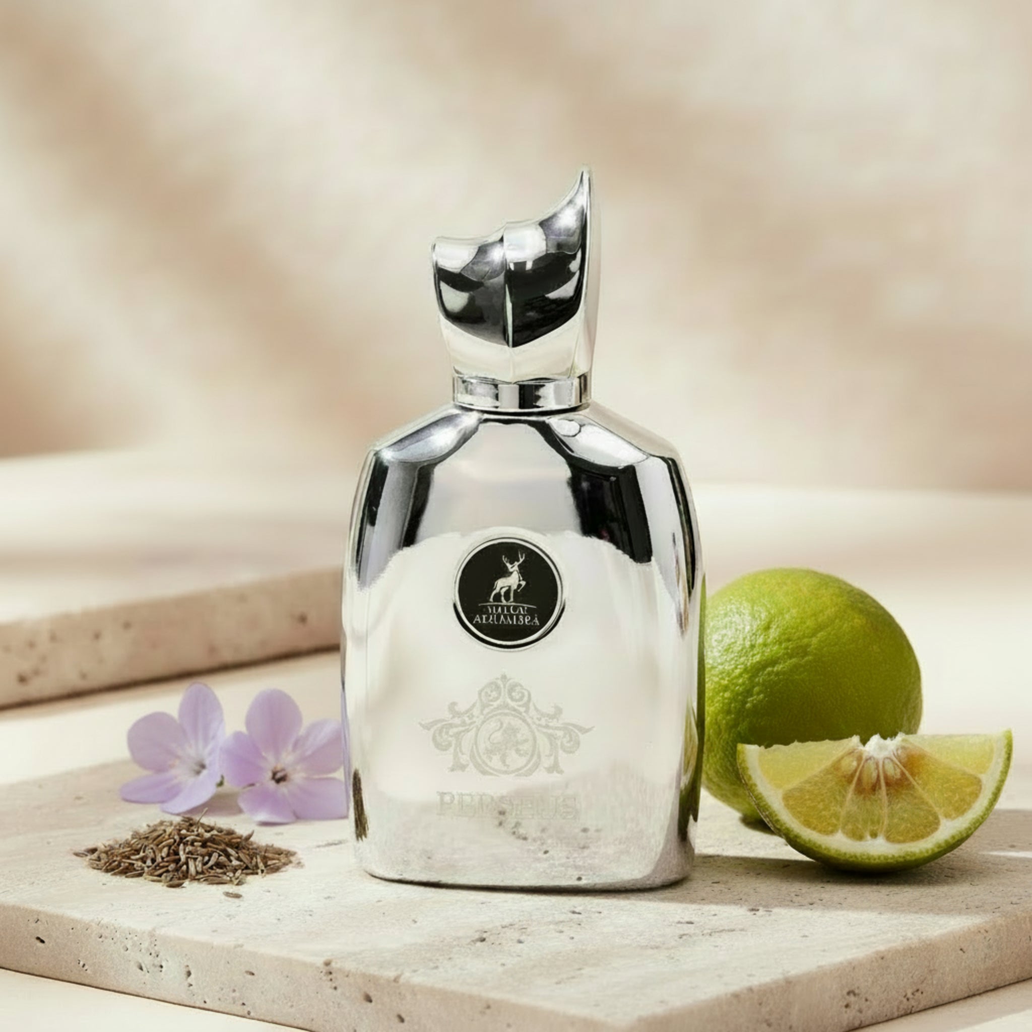 Silver and white perfume bottle with a brand logo on a white background